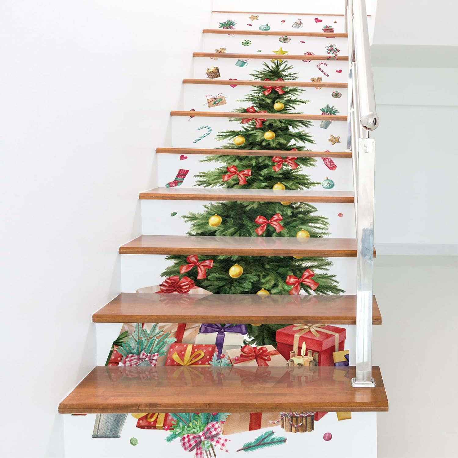 Cholemy 13 hojas de calcomanías 3D para escaleras de árbol de Navidad, decoración de escaleras de Navidad, calcomanías extraíbles para escaleras de