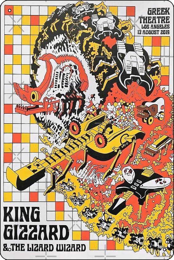 Cartel de metal de King Gizzard and The Lizard Wizard Los Angeles Gig de 12 x 8 pulgadas, divertido hombre, cueva, hogar, oficina, bar, decoración