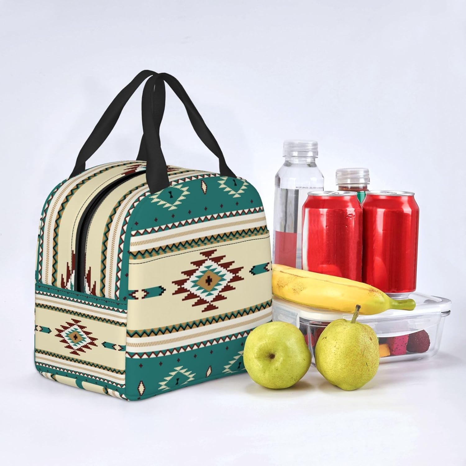 Bolsas de almuerzo portátiles reutilizables para étnica indiana, suroeste, occidental, tribal, azteca, verde, para mujeres y hombres, caja de