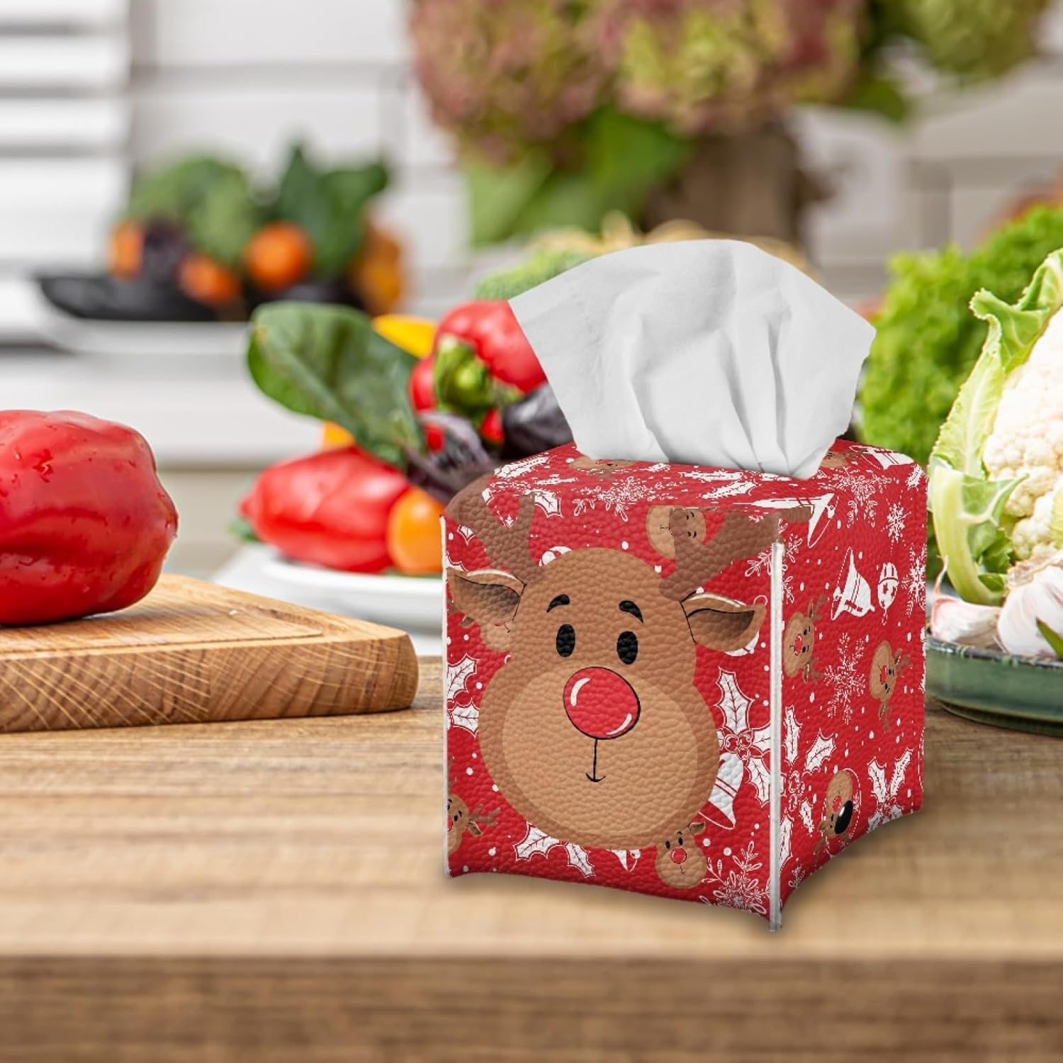 Funda para caja de pañuelos de Navidad, color rojo cuadrado para cocina, caja de pañuelos de alce de Navidad, cubierta para escritorio de oficina de