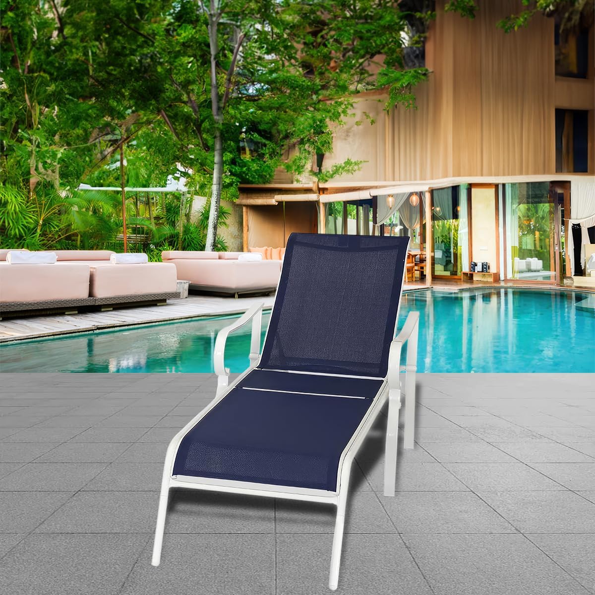 Chaise Lounge para exteriores con respaldo ajustable en 5 niveles reclinables, marco de metal resistente, silla para tomar el sol para playa, patio,