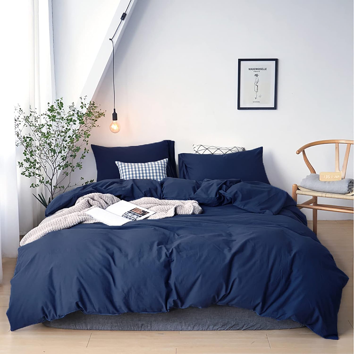 Cottonight – Juego de edredón azul marino tamaño individual, edredón unicolor moderno de algodón suave y transpirable, azul oscuro, para hombres y