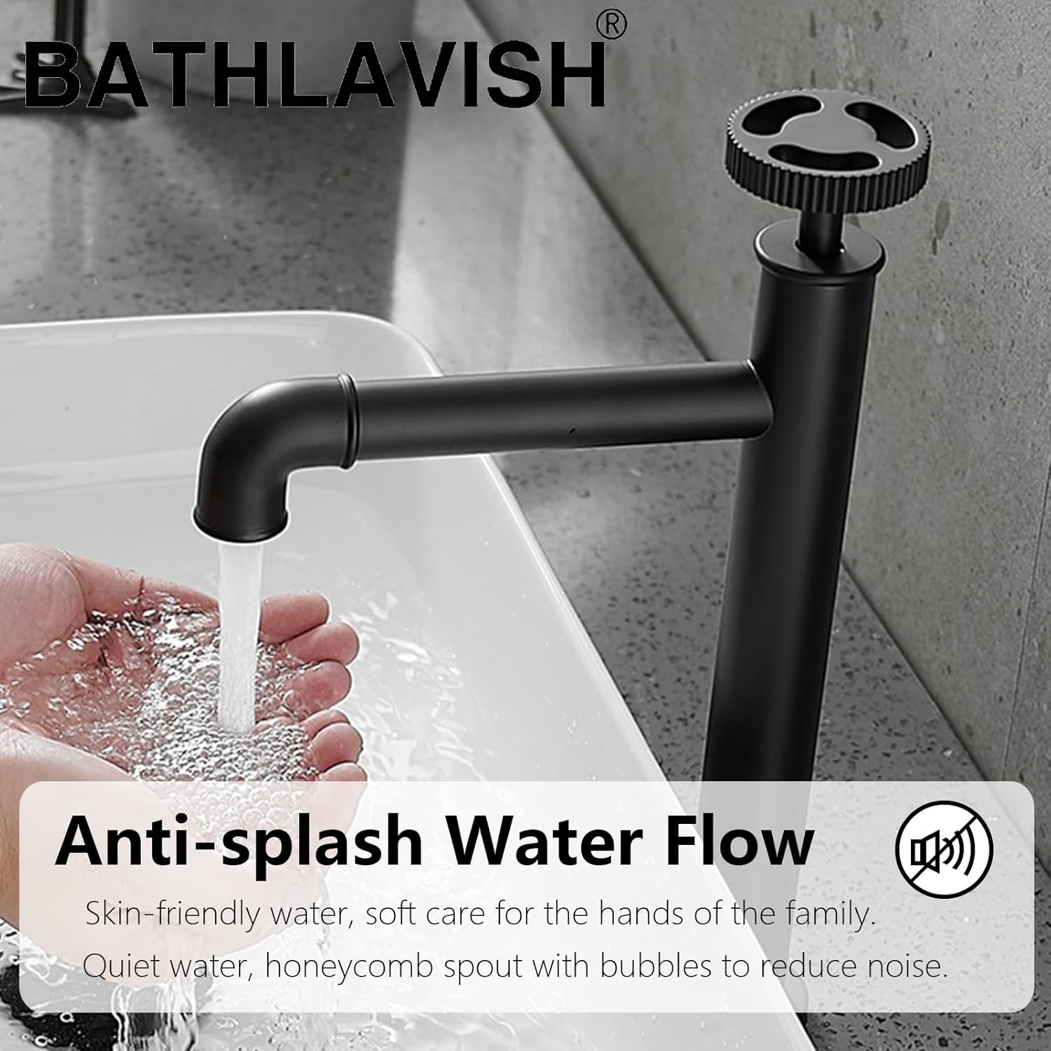 Grifo de lavabo de recipiente negro, grifo alto de baño, grifo de lavabo de estilo industrial de un solo agujero, grifo de fregadero con drenaje