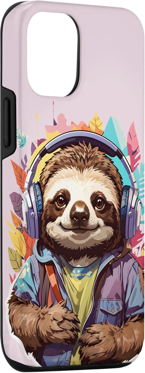 Carcasa divertida para iPhone 13 Pro Sloth Listening To Music para amantes de los perezosos