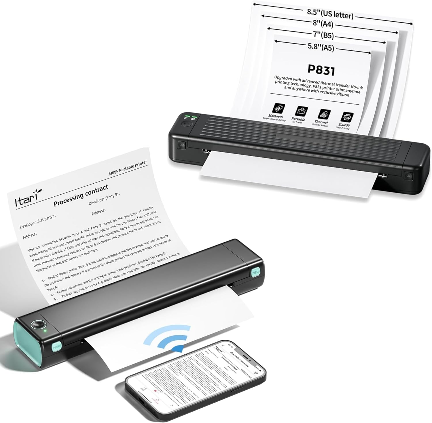 Itari Impresoras portátiles inalámbricas para viajes, M08F Bluetooth impresora térmica A4, 300DPI P831 impresora de transferencia térmica sin tinta