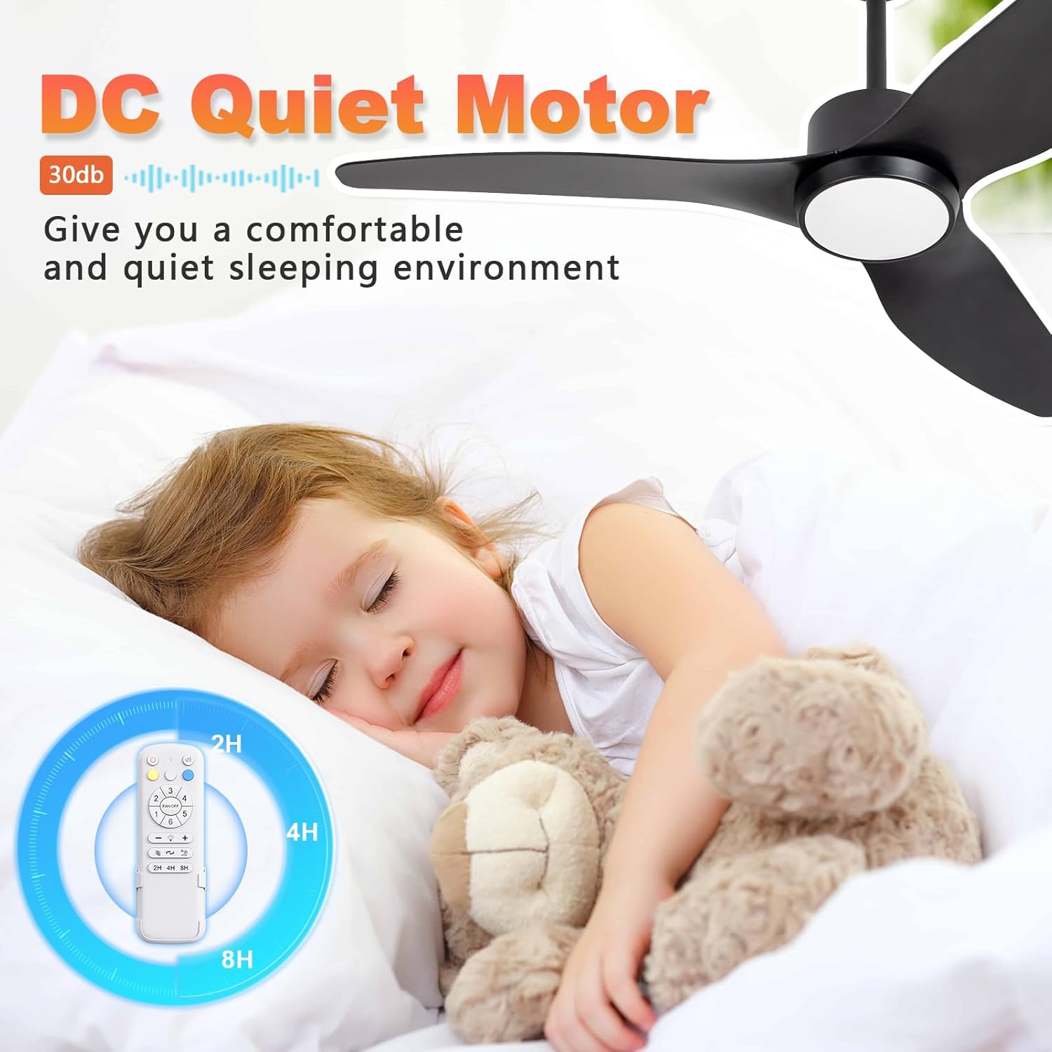 Ventilador de techo negro con control remoto de luz, 52 pulgadas, 6 velocidades, motor silencioso reversible, 3CCT, regulable, LED, temporizador,