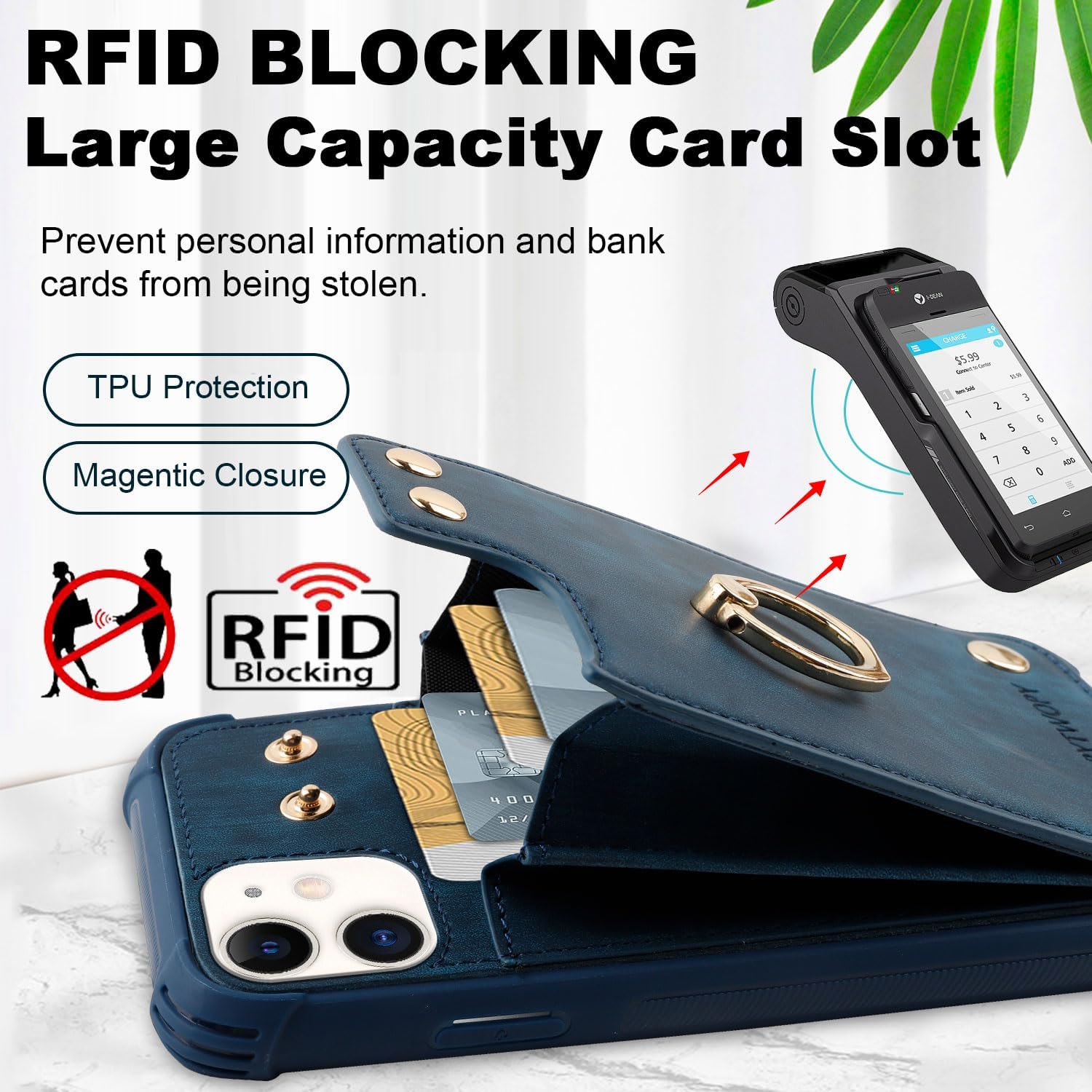 Funda tipo cartera para iPhone 12 Pro12 con tarjetero de crédito, funda protectora de cuero a prueba de golpes que soporta soporte de anillo de