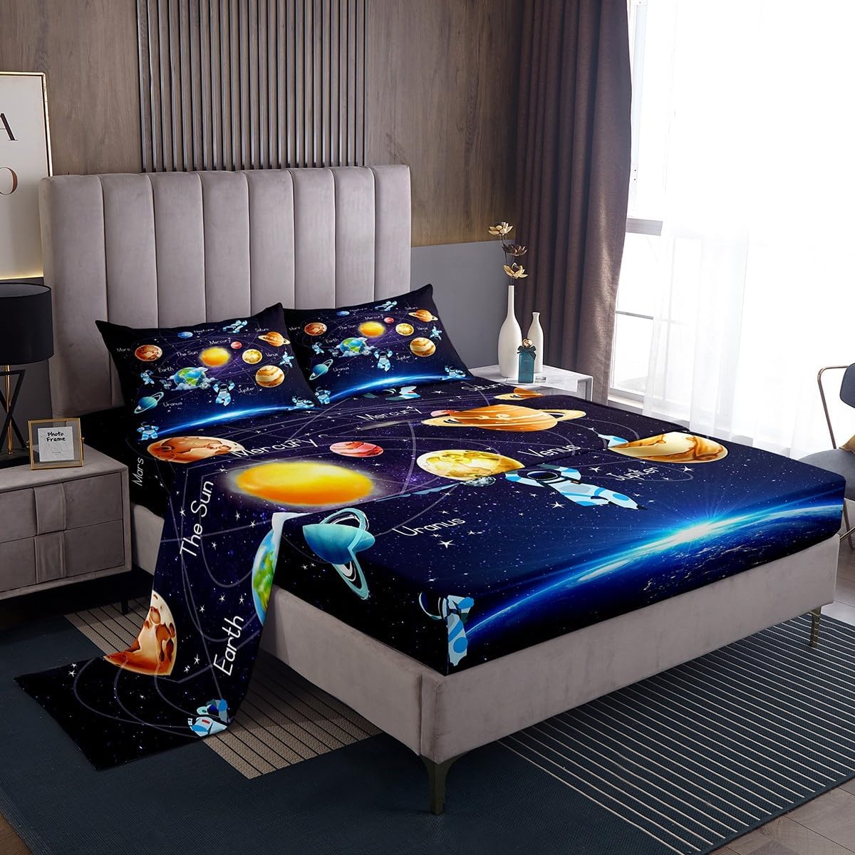 Erosebridal Outer Space – Juego de sábanas de tamaño King para niños y niños, planeta, sistema solar, para niñas, adolescentes, galaxia azul, cielo