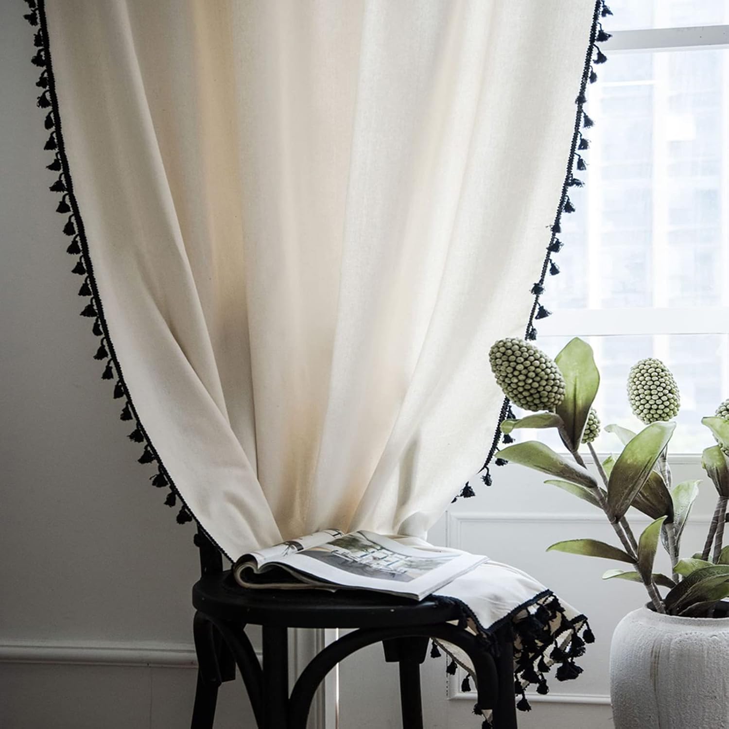 Cortinas de estilo bohemio, de lino y de arpillera para dormitorio, cortinas de ventana semiopacas con borlas, juego de cortinas rústicas para