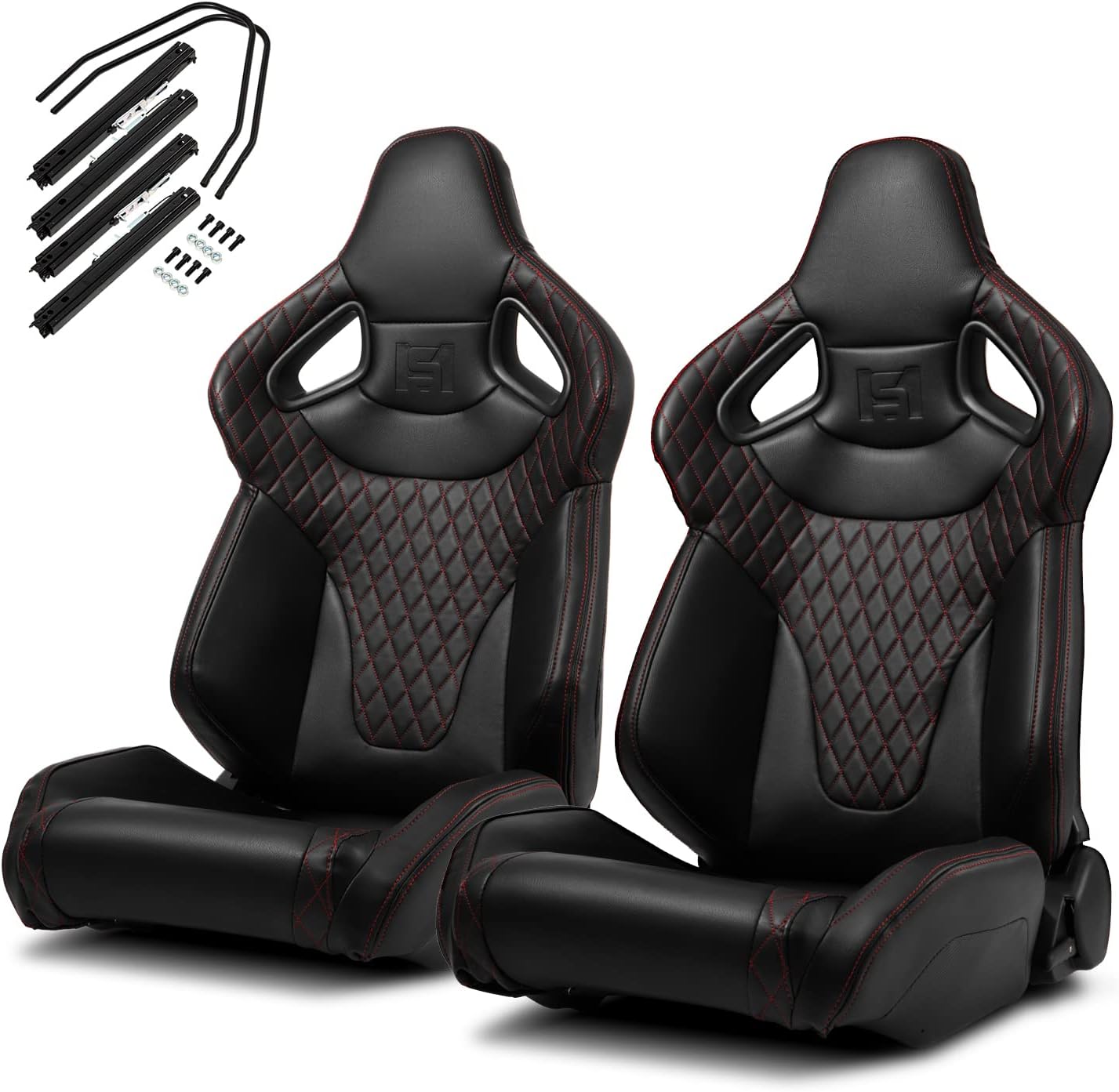 ModifyStreet Costura roja wCarbon Fiber Cuero PVC Reclinable C-Series Sport Racing Asientos WSlider IzquierdaDerecha