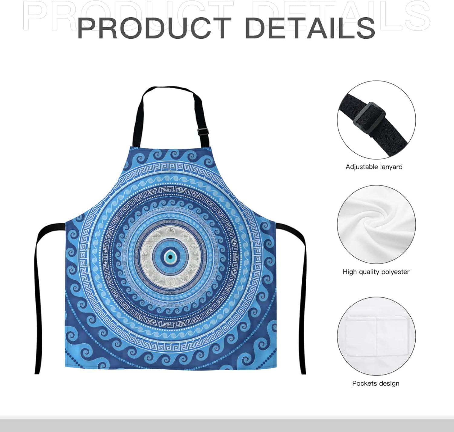 Delantal adulto para mujer hombre azul griego Matiasma mal de ojo de la cocina artista de jardín hornear picnic cocinar comer., Blanco