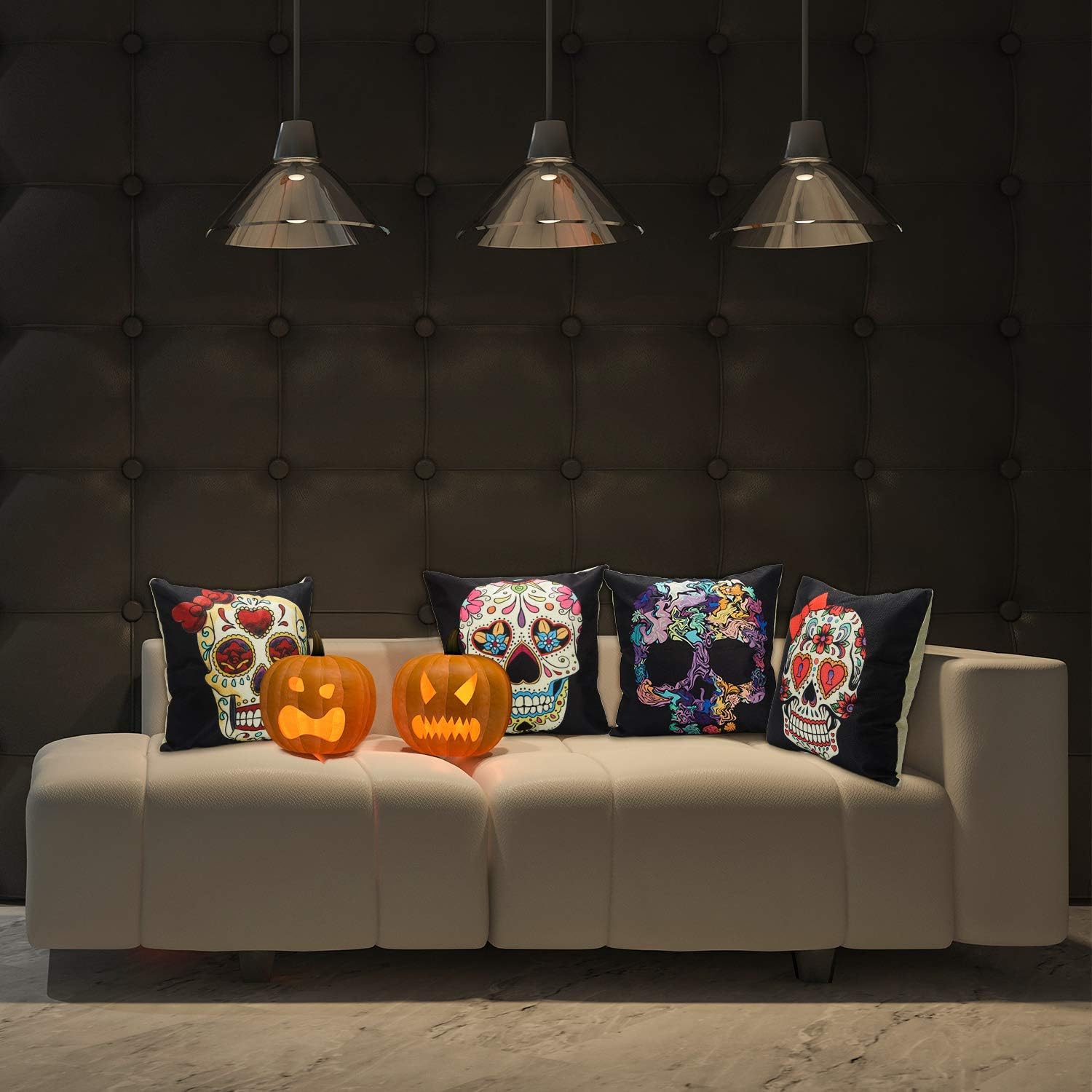 4 fundas de almohada decorativas de Halloween, fundas de almohada cuadradas de lino para el Día de los Muertos, fundas de almohada cuadradas de lino