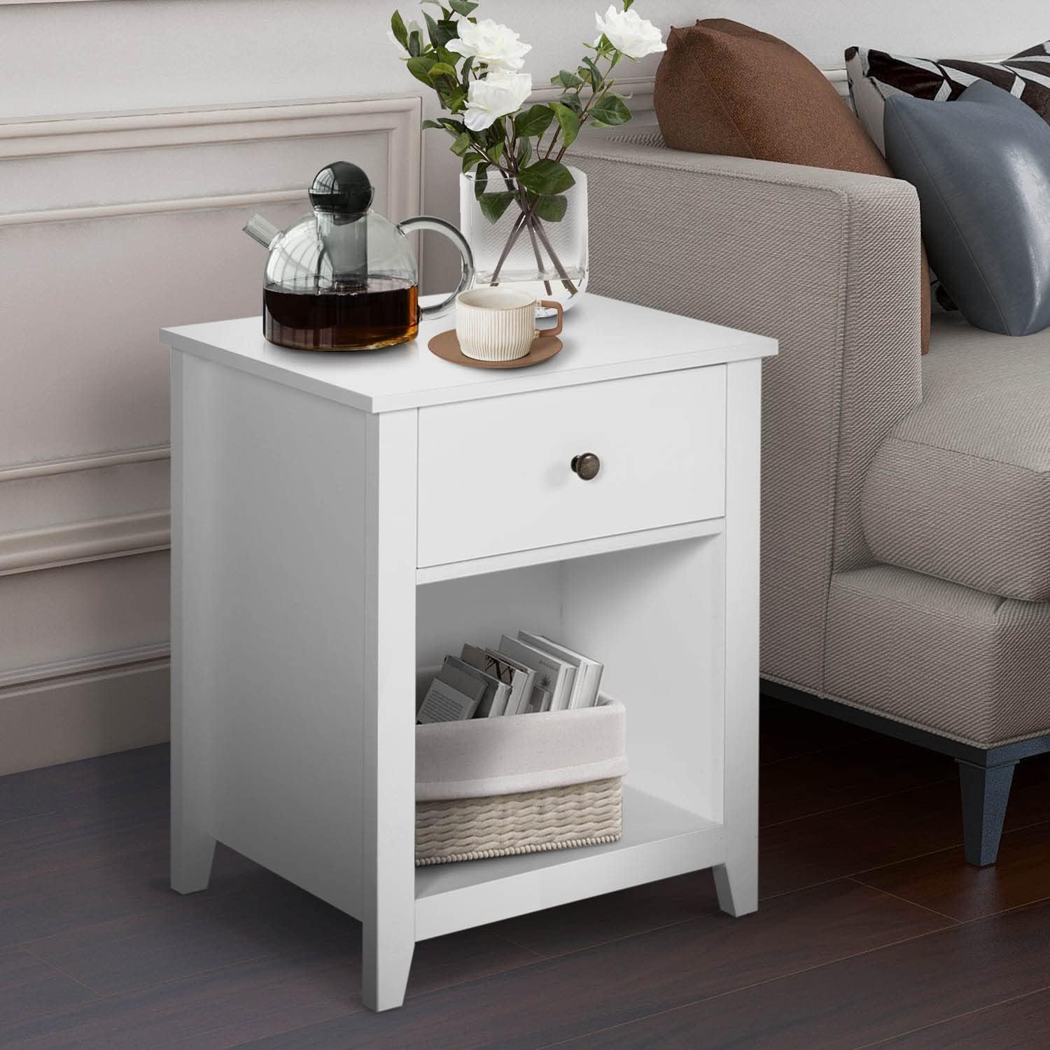 Mesita de noche para dormitorio, juego de 2 mesitas de noche blancas con cajón de almacenamiento y estante abierto, mesita de noche moderna para