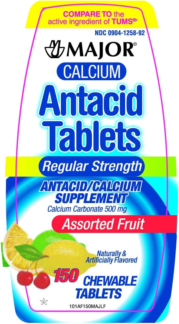 Major Calcium Antacid – Tabletas masticables con sabor a fruta surtida, fuerza regular, 150 por botella (paquete de 5)