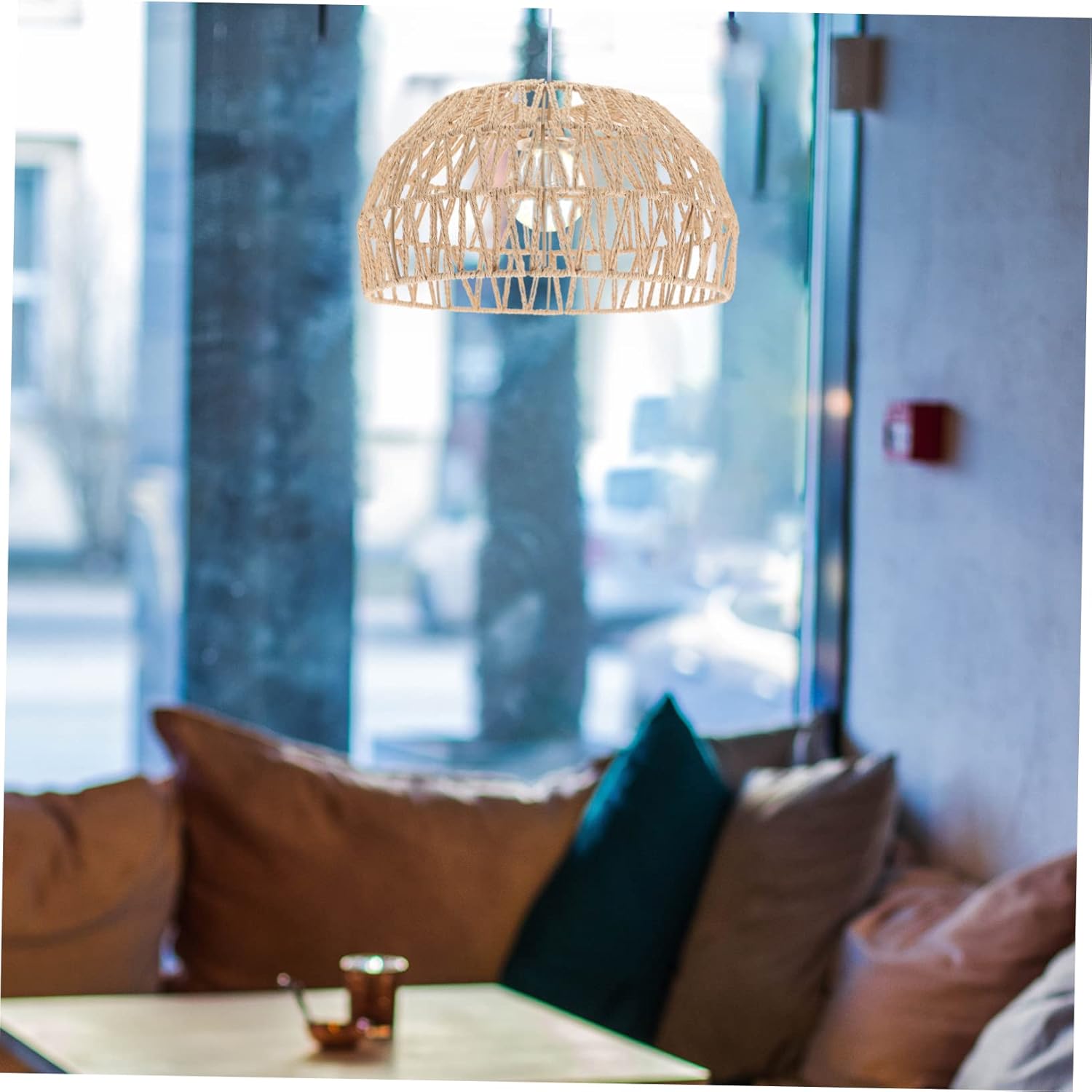DOITOOL Pantalla de cuerda de papel de ratán de imitación, luces colgantes, lámparas rústicas para interiores, lámparas de techo de ratán de