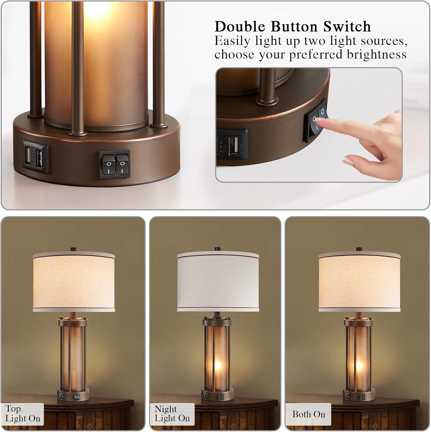 Juego de 2 lámparas de mesa de granja para sala de estar con 2 puertos USB, lámparas rústicas vintage con luz nocturna de vidrio ámbar, lámparas de