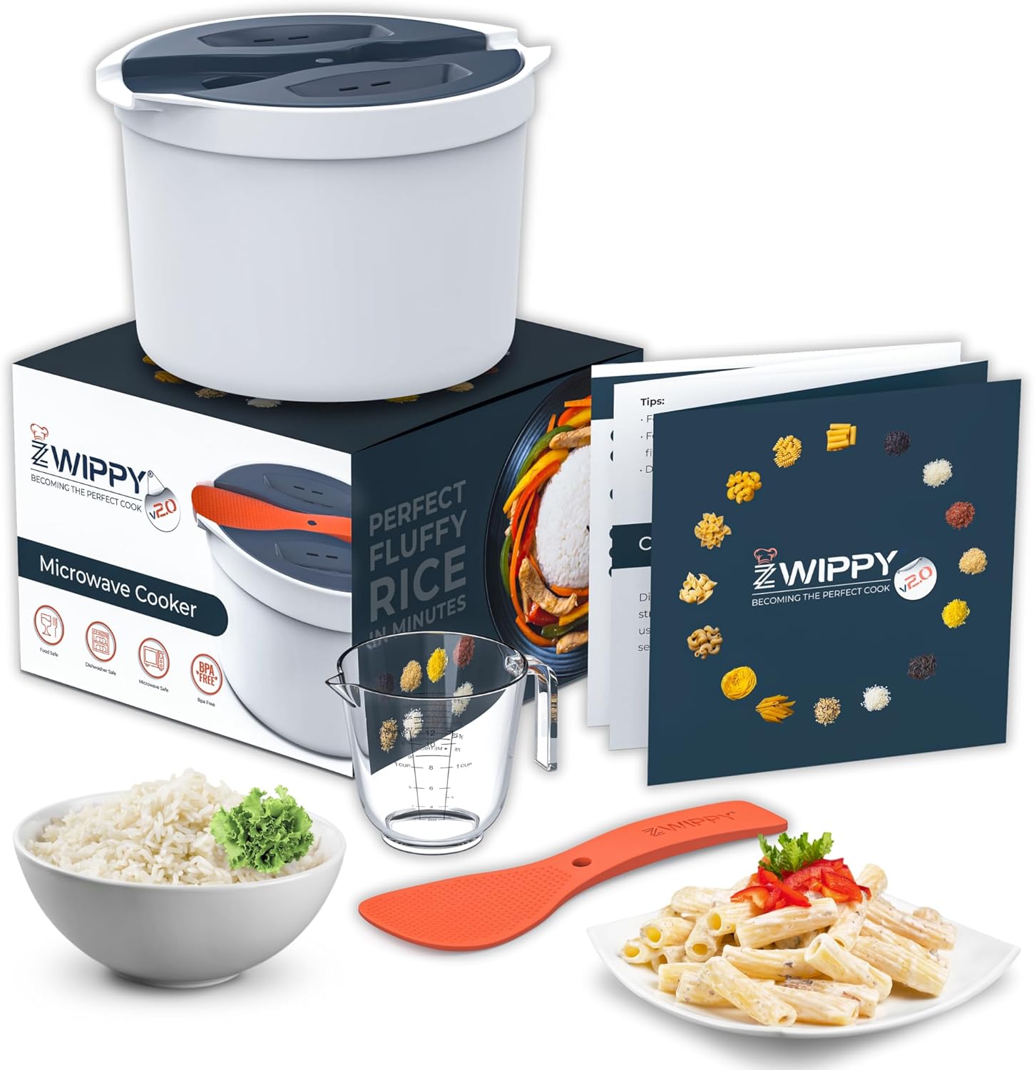 Zwippy Cocedor de arroz para microondas y pasta con colador, diseño sin desorden, apto para lavavajillas, cocina hasta 8 tazas