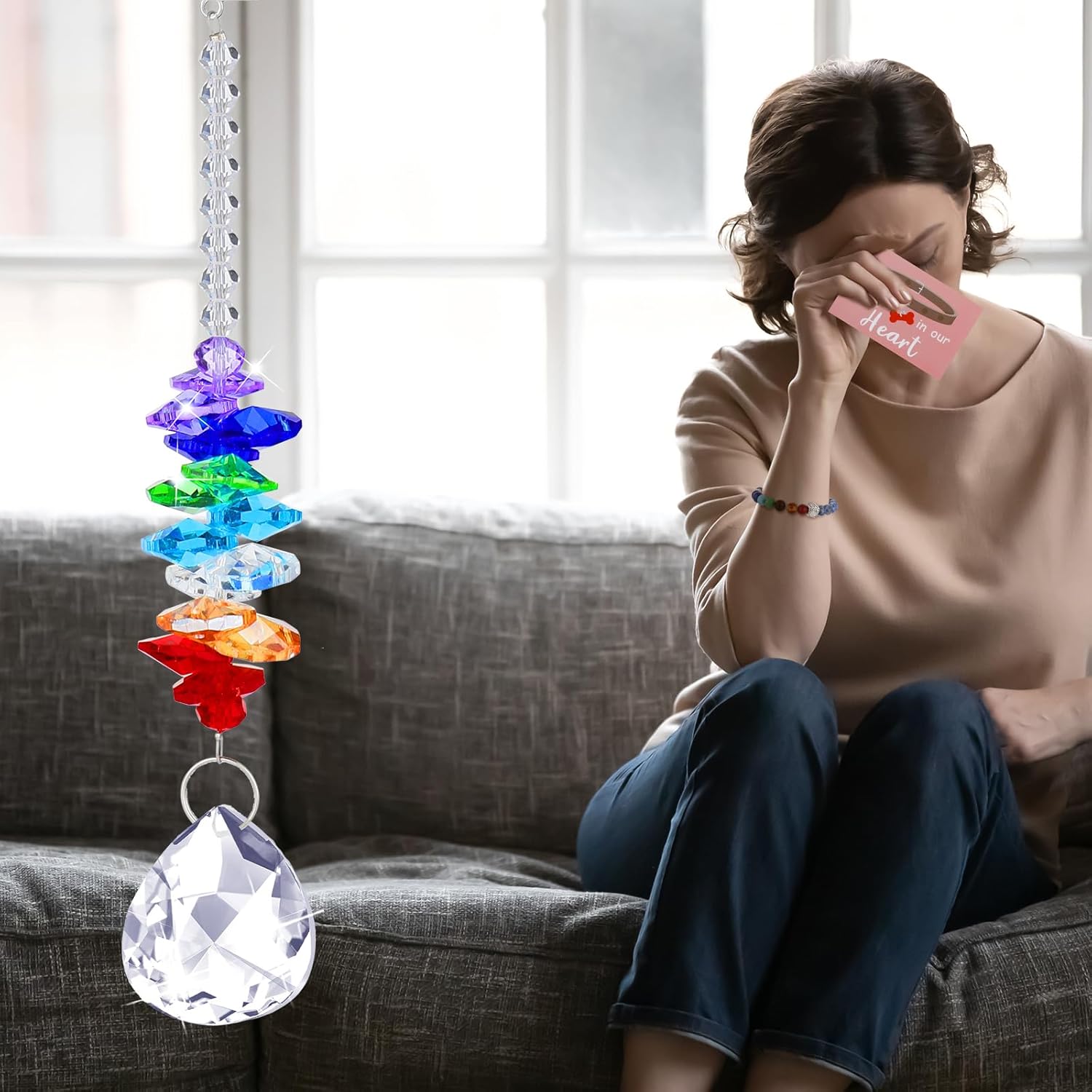 Juego de 5 regalos conmemorativos de arcoíris para mascotas, incluye atrapasoles de cristal con estampado de patas, pulsera de arco iris para