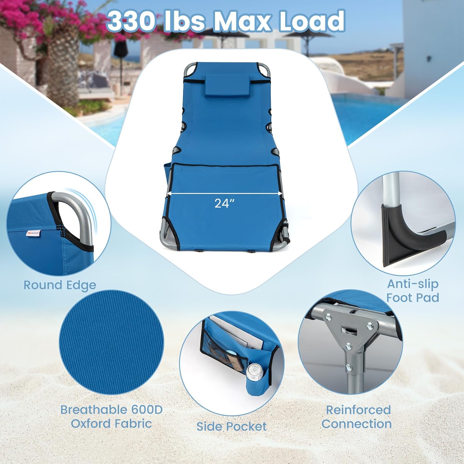 Goplus Sillas de salón para exterior, silla de bronceado de 5 posiciones con agujero para cara y brazo, correa de hombro y mano, silla de playa