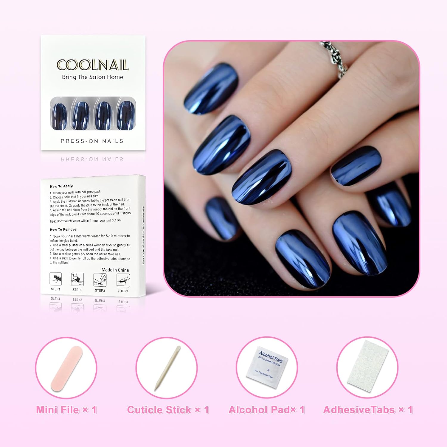 Coolnail Espejo metálico brillante azul gris mezcla de uñas postizas de metal azul ovalado redondo uñas postizas manicura uñas completas consejos de