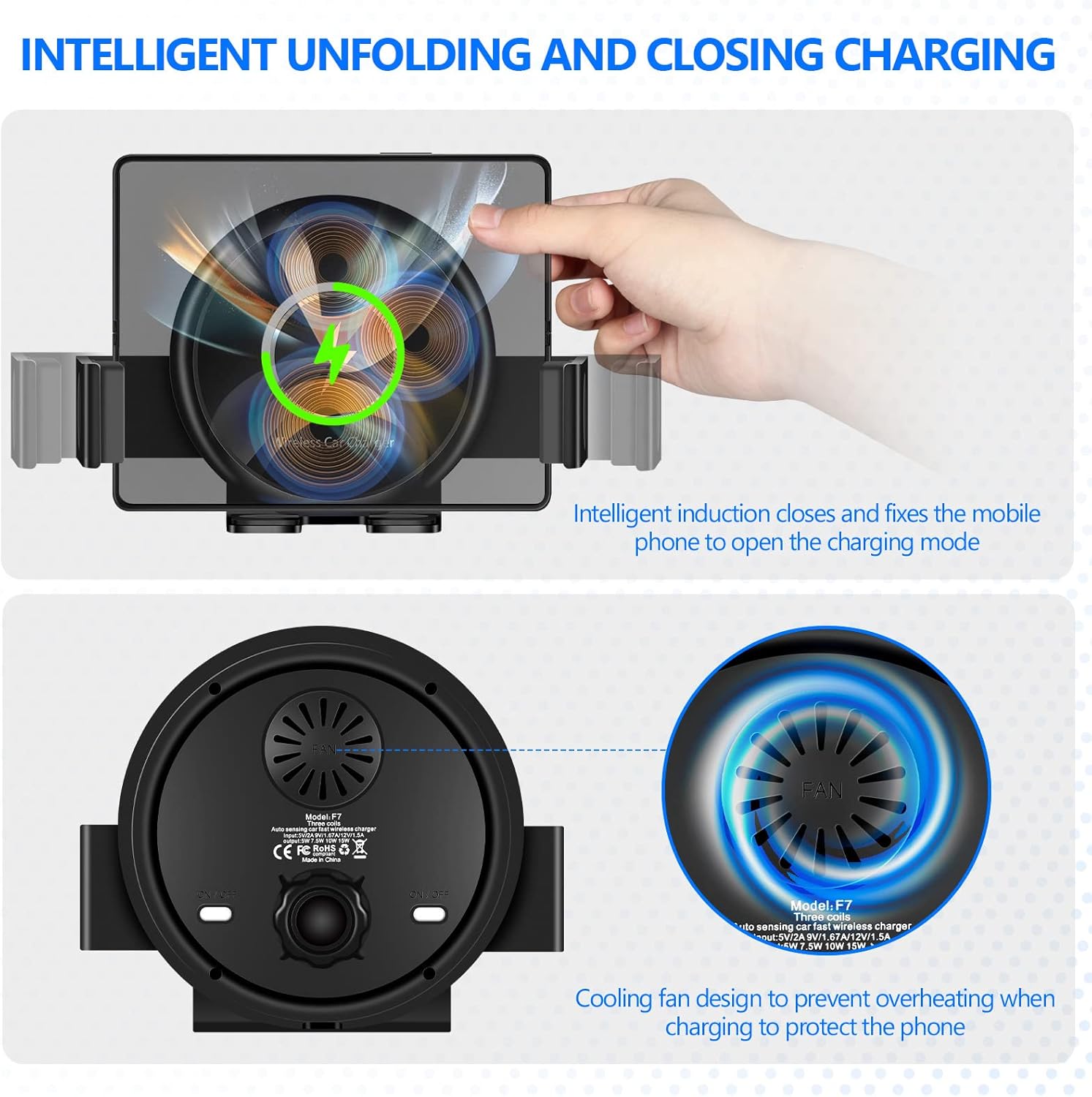 Cargador de coche inalámbrico de tres bobinas de 20 W con ventilador de refrigeración, para Z Fold 5, carga rápida con sujeción automática para