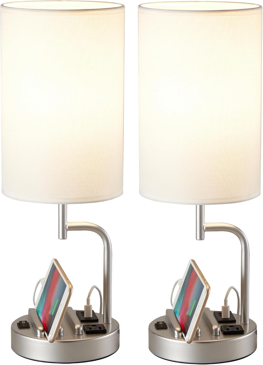 Dreamholder – 2lámparas de mesa con 3puertos de carga USB, moderna lámpara de escritorio con toma de corriente alterna y soportes para teléfono,