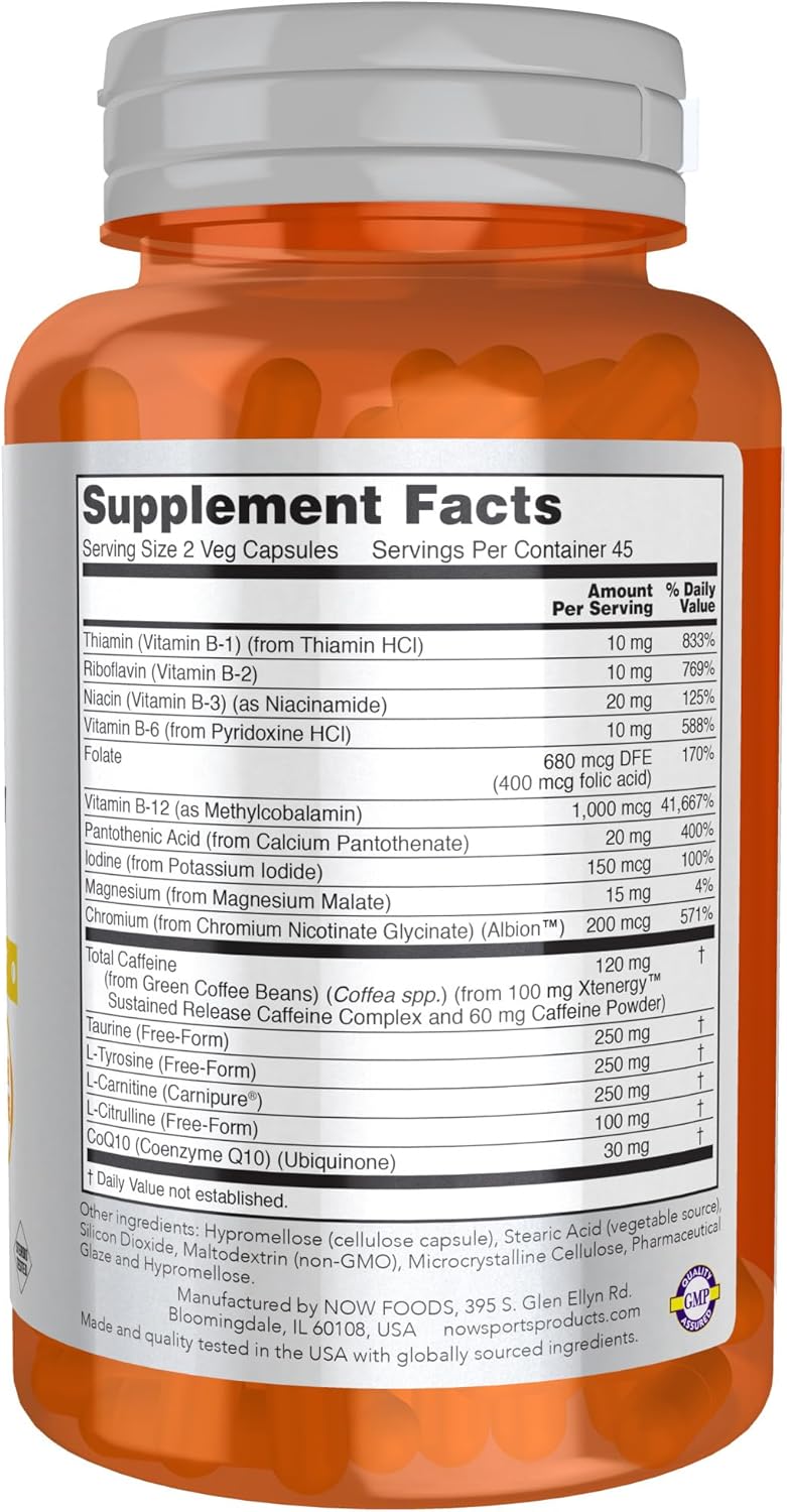 NOW Deportes, Producción de Energía Sostenida de Energía* Alerta Mental* Cafeína de Liberación Sostenida con Vitaminas B 90 Cápsulas Vegetales