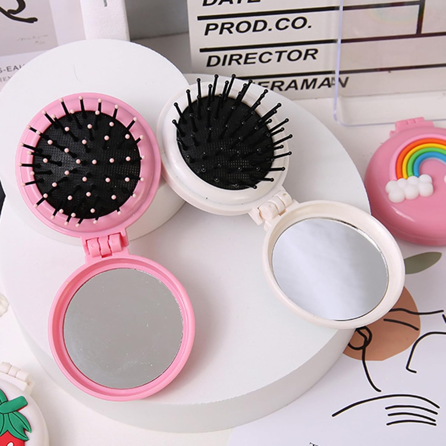 Cepillo de pelo de viaje, peine de bolsillo con mini espejo, cepillos de pelo plegables compactos, redondos, mini peine de masaje compacto para