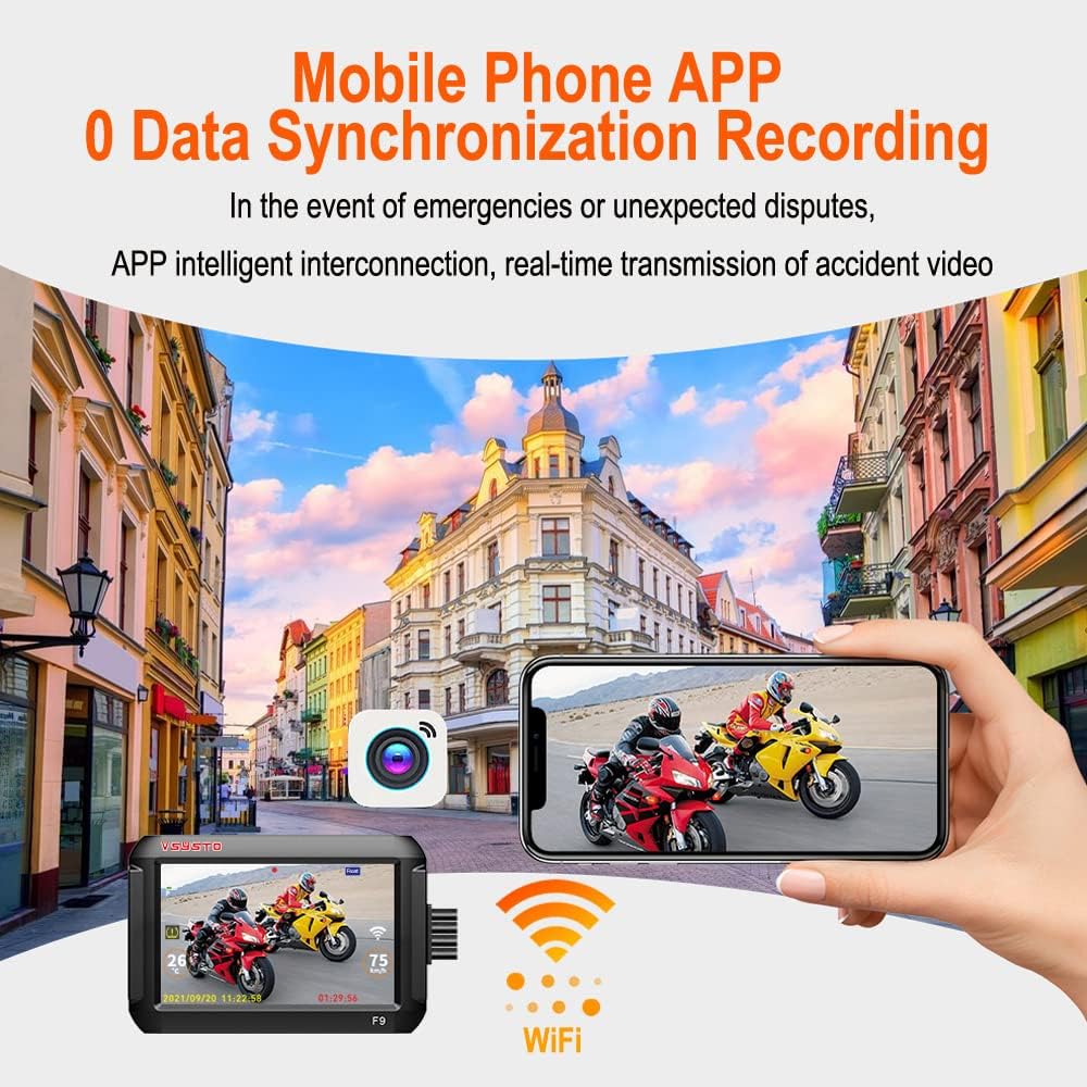 VSYSTO Cámara WiFi para salpicadero de motocicleta, sensores de presión de neumáticos, pantalla de 4 pulgadas, WDR HD 1080P, lente ojo de pez gran