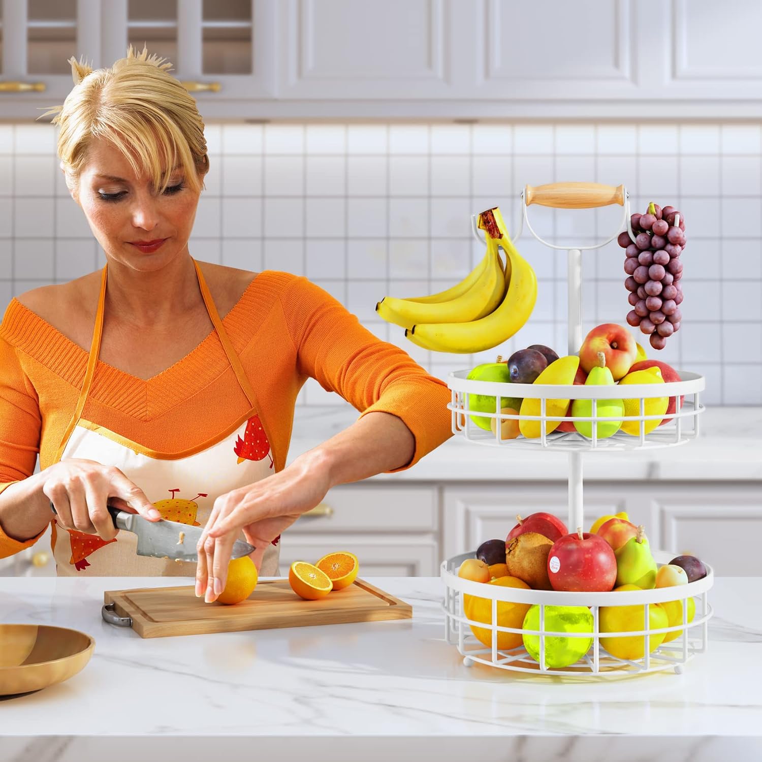 SAYZH Cesta de frutas de 2 niveles con soporte doble para árbol de plátano y mango de elevación de madera, cesta de alambre de metal para encimera