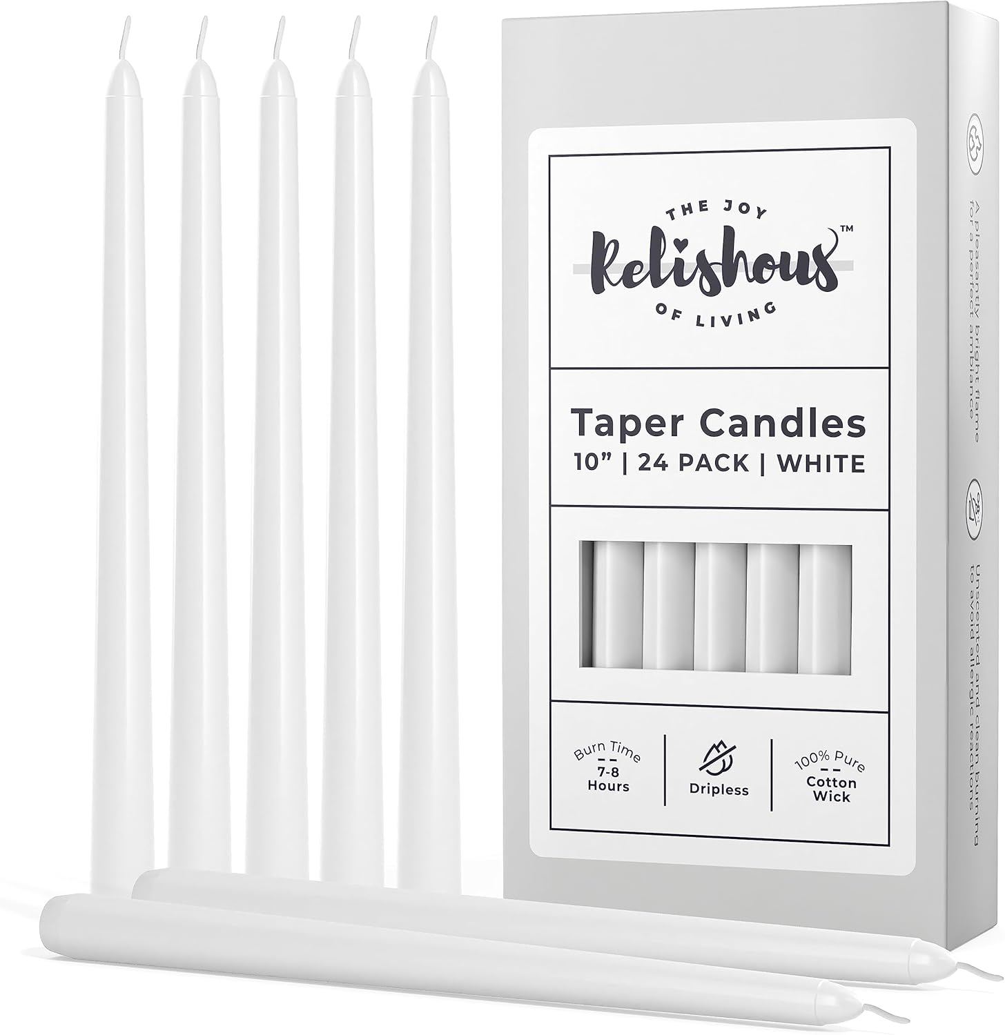 24 velas cónicas blancas  Velas cónicas sin goteo de 10 x 0.75 pulgadas, sin perfume, sin humo, velas blancas de 7 a 8 horas de larga duración,