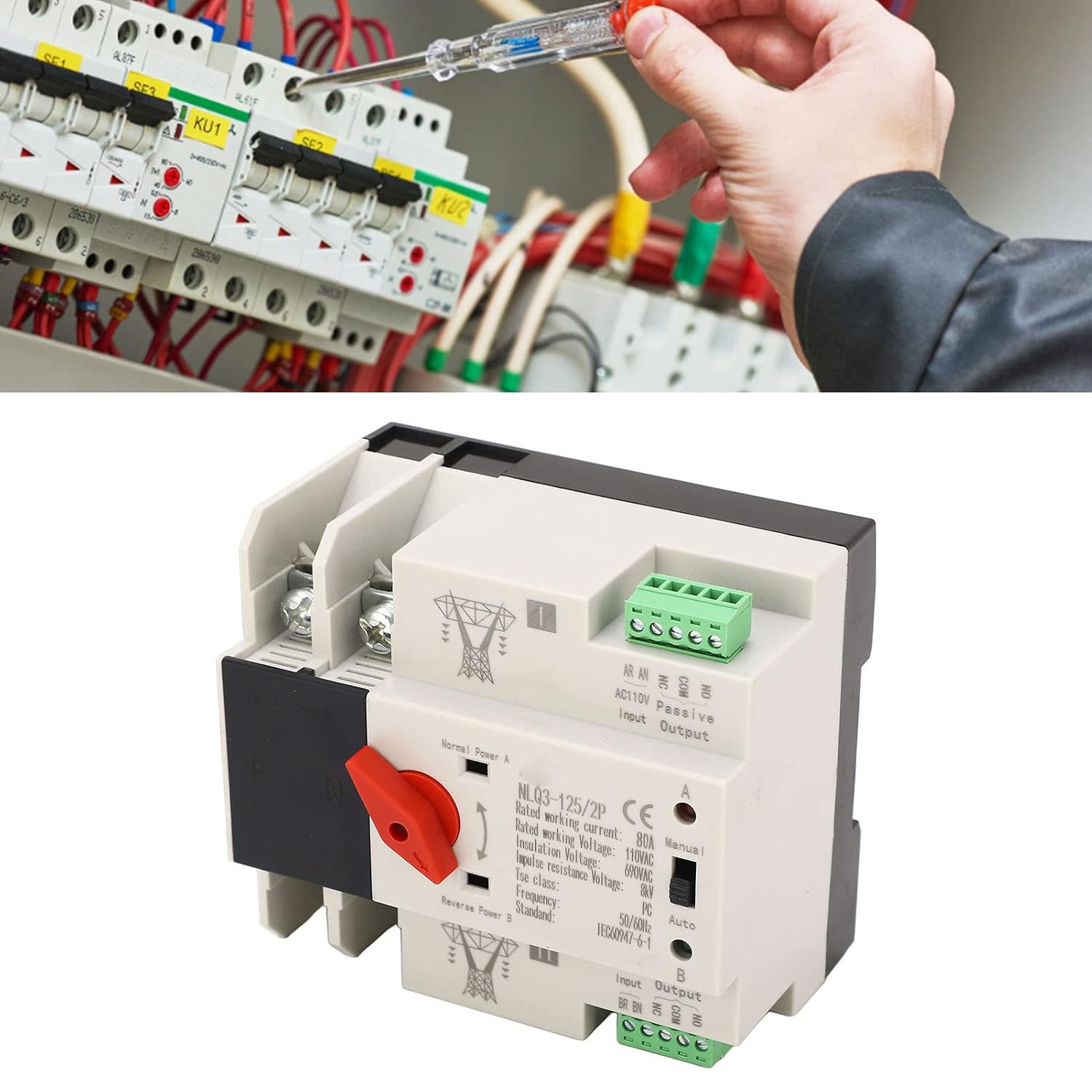 Interruptor de transferencia automática, larga vida útil AC110V 80A ignífugo anti envejecimiento interruptor de transferencia automática de doble
