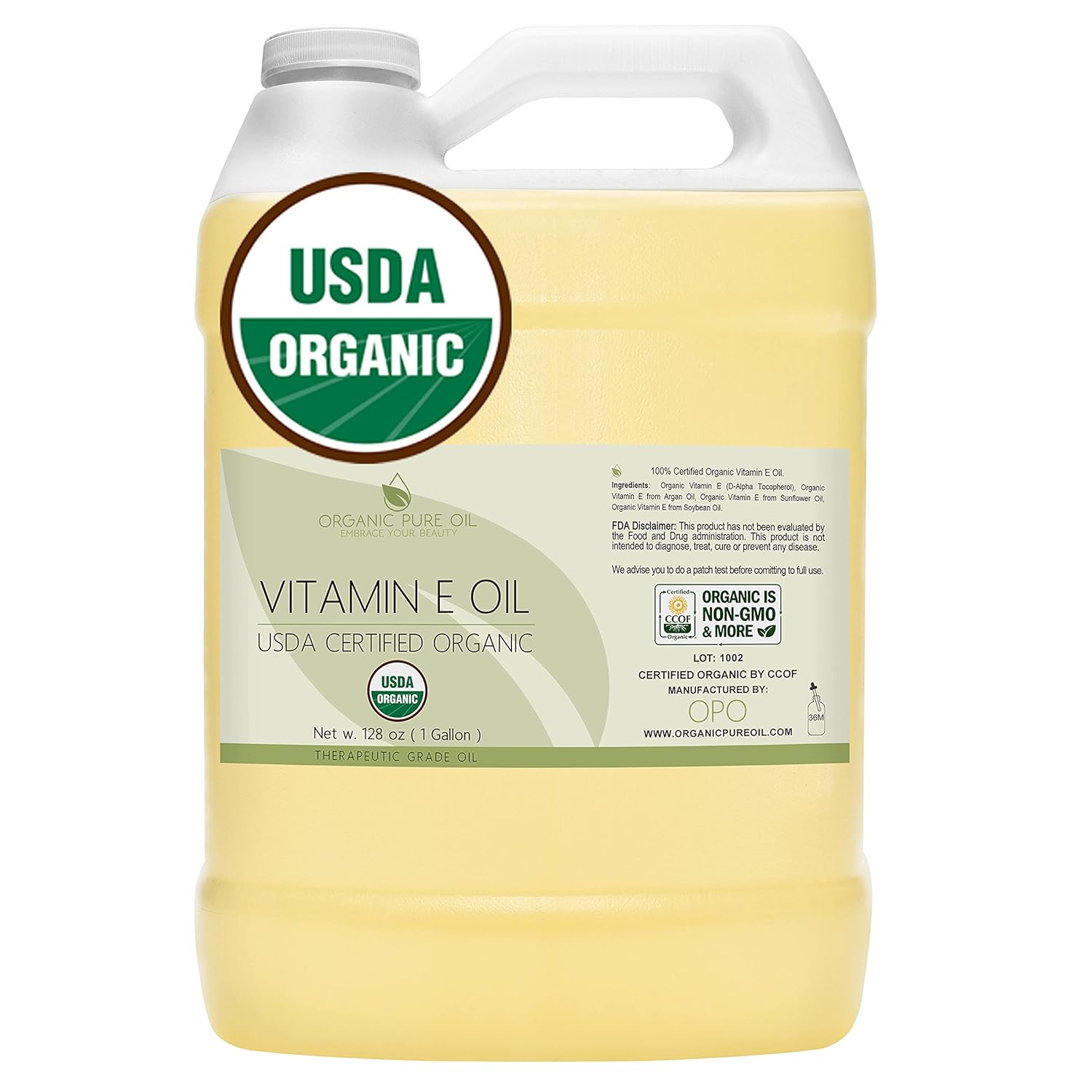 Aceite de vitamina E  Orgánico, 43,000 UI, 100% natural vegano de crueldad (128 onzas  1 galón), extra fuerte a granel libre para cara, piel,