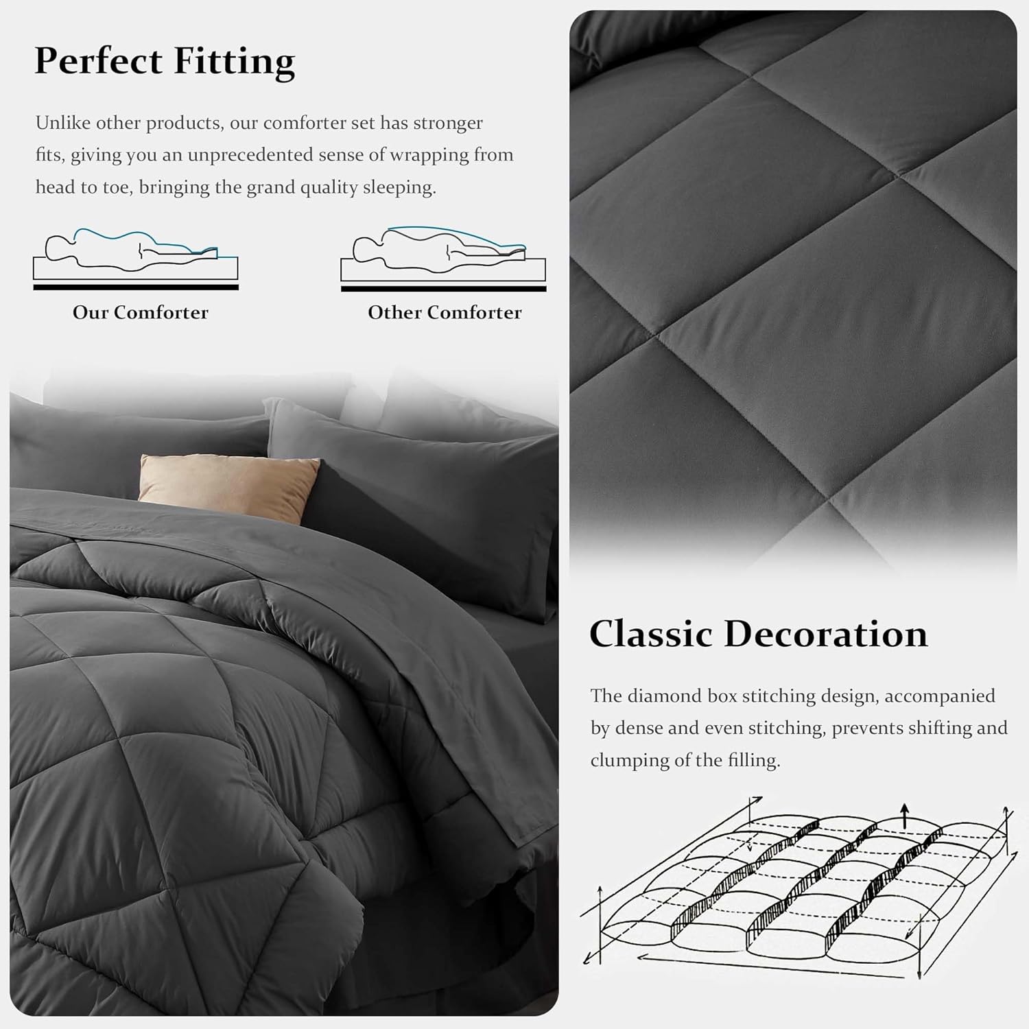 Newspin Juego de edredón de 8 piezas de cama Queen en una bolsa, juego de cama gris oscuro para todas las estaciones, juegos de ropa de cama Queen