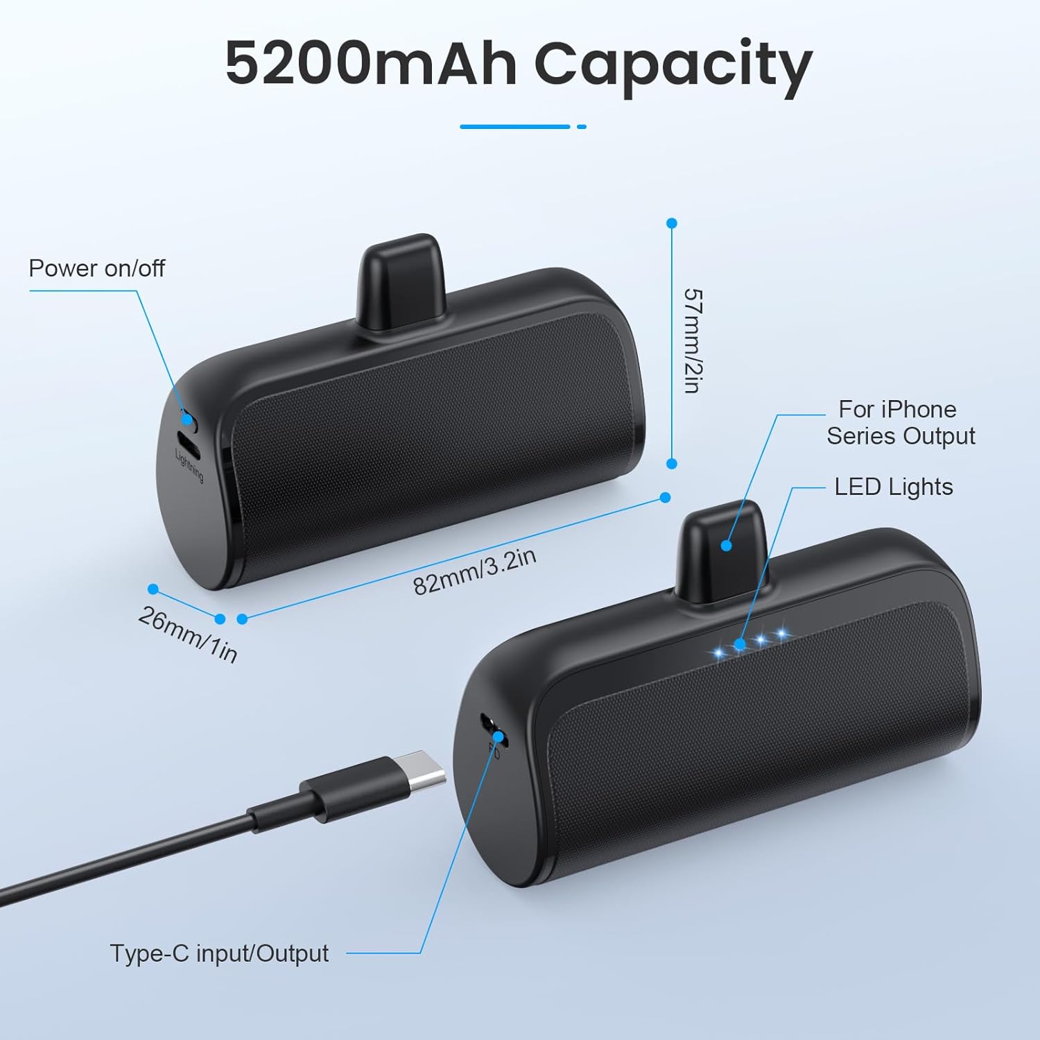 Cargador portátil pequeño de 5200 mAh para iPhone, ultra compacto de 20 W PD carga rápida, cargador de batería mini compatible con iPhone 1414 Pro
