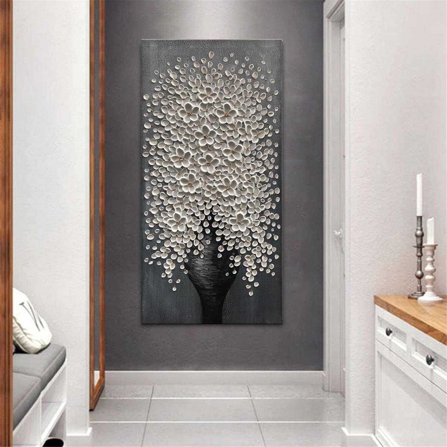 Alenoss Pinturas al óleo abstractas 100% pintadas a mano de 24 x 48 pulgadas, lienzo moderno floral blanco, arte de pared, pinturas verticales 3D,