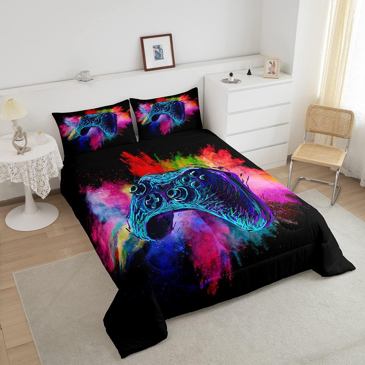Erosebridal Juego de edredón de cama con estampado de videojuegos para niños, tamaño King, juego de ropa de cama para niños y niñas, colorido