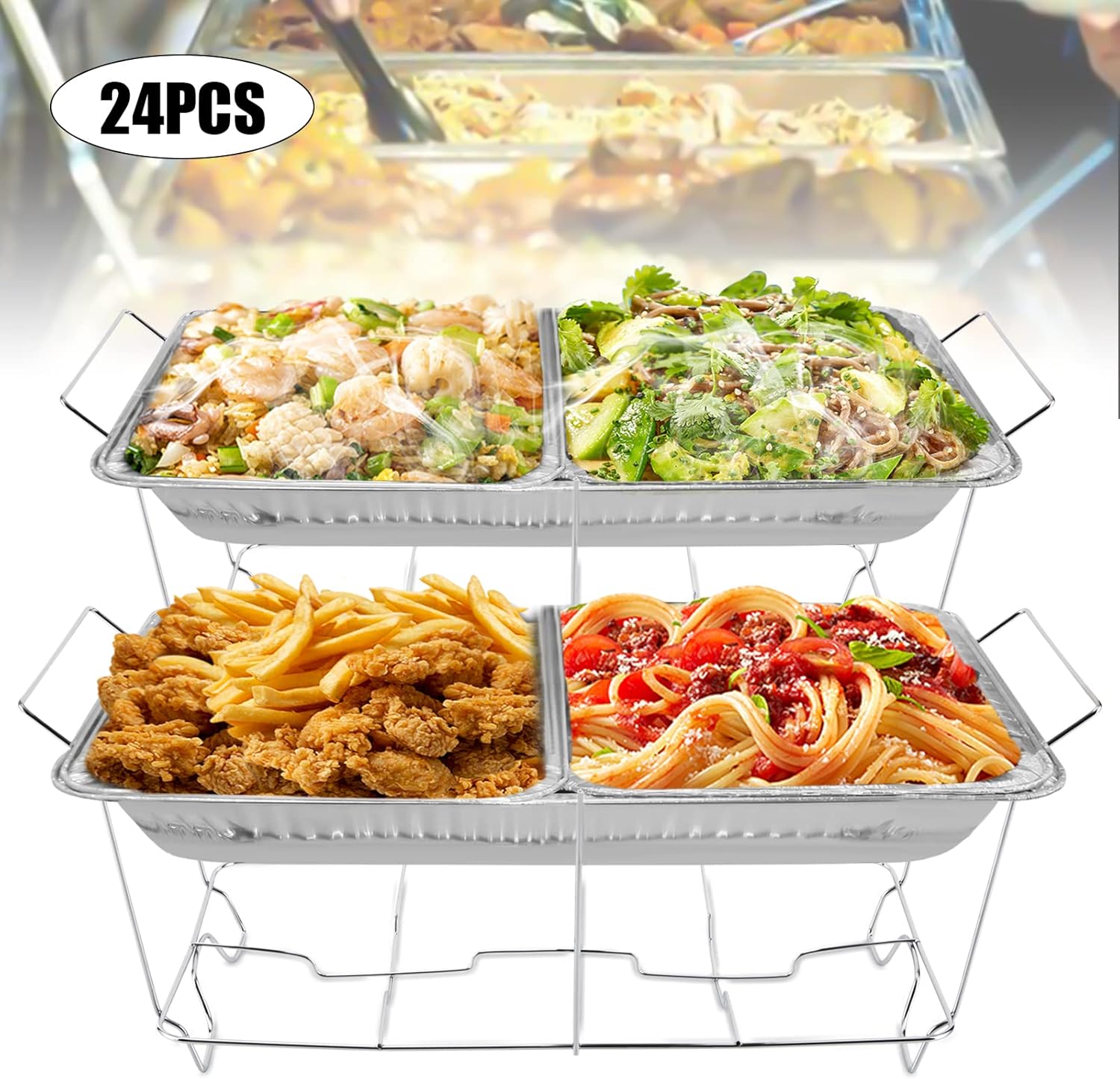 Paquete de 24 platos para bufé, estantes de alambre para rozar, soporte rectangular de tamaño completo, soporte apilable para rozar, marco cromado,