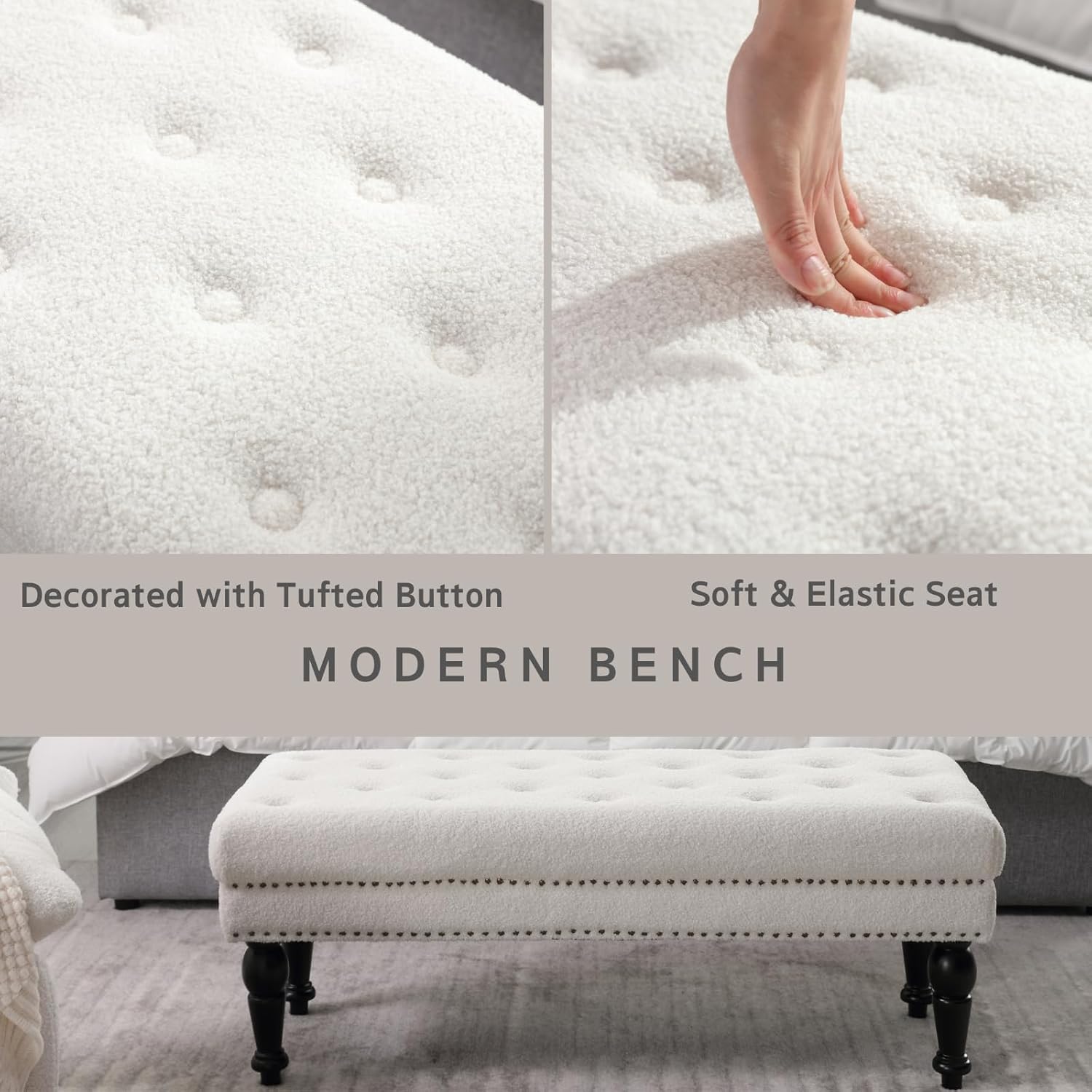 Banco tapizado moderno, de 45 pulgadas, sherpa para dormitorio, banco otomano con botones copetudos y patas de madera maciza para dormitorio, sala
