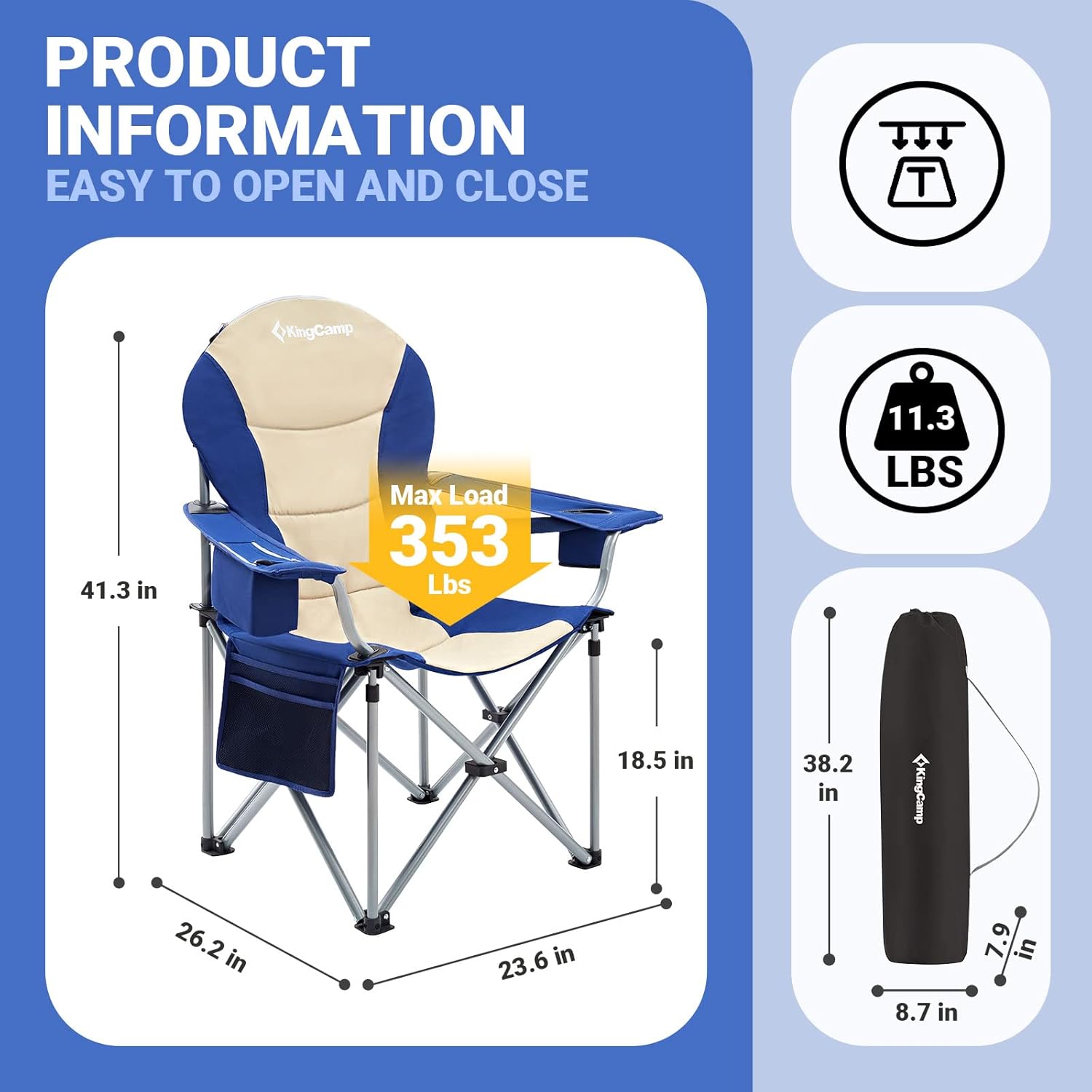 KingCamp Sillas de campamento con soporte lumbar con bolsa enfriadora, silla de campamento plegable acolchada para adultos con reposabrazos