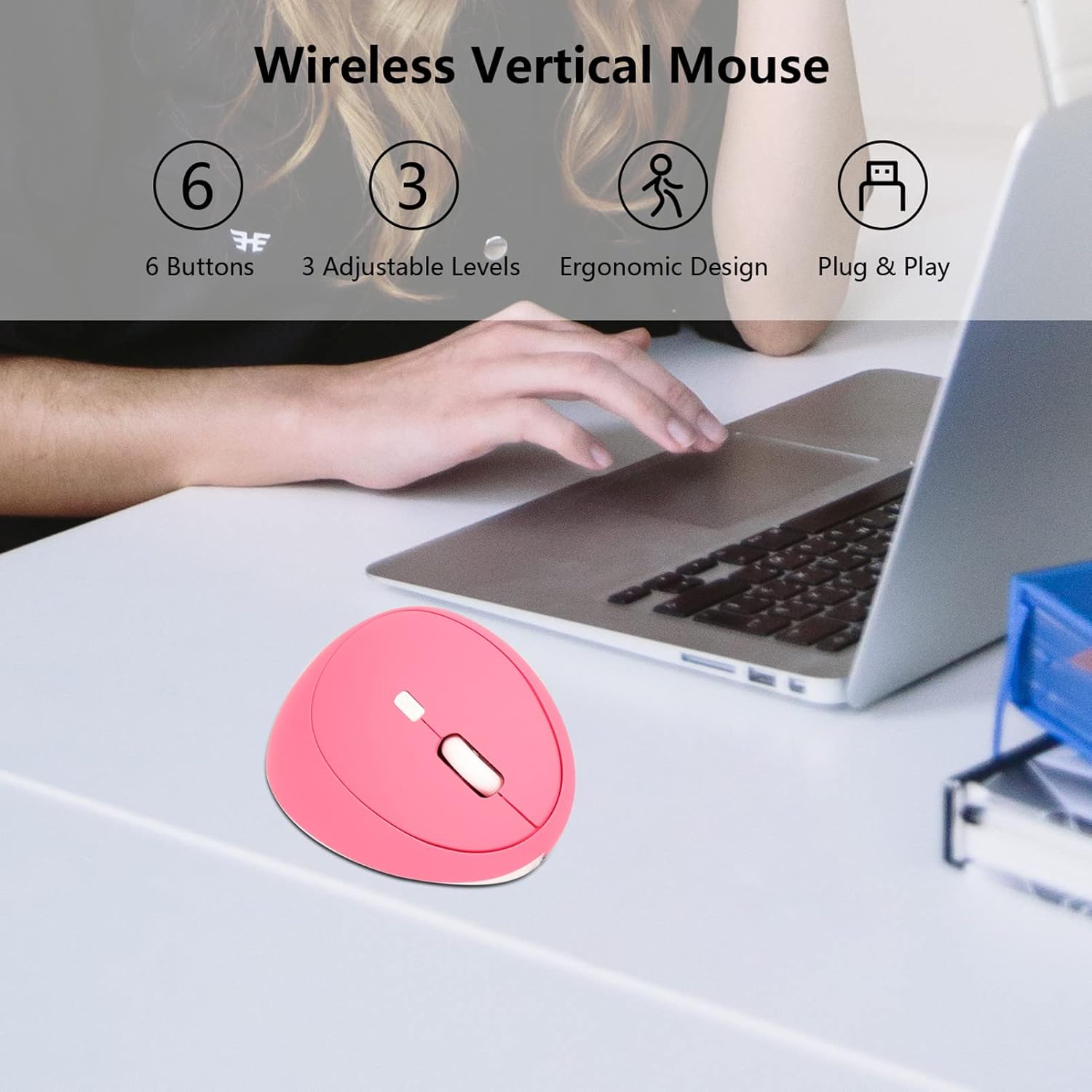 3C Light Ratón vertical inalámbrico de 2.4G, ergonómico y vertical, ratón óptico con sensibilidad ajustable (80012001600 DPI), 6 botones para PC,