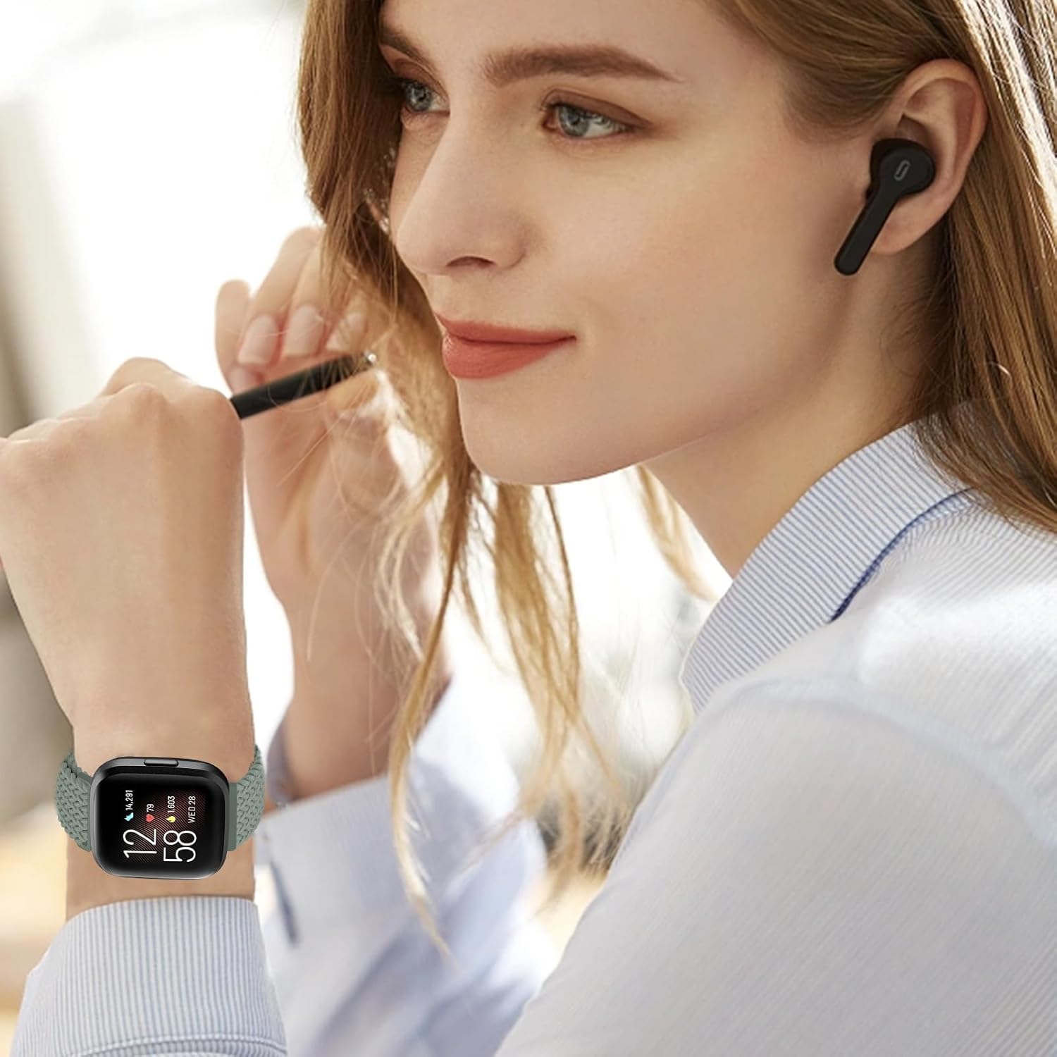 Paquete de 2 bandas elásticas compatibles con Fitbit Versa 2VersaVersa LiteVersa SE, correas deportivas de repuesto trenzadas suaves y ajustables,