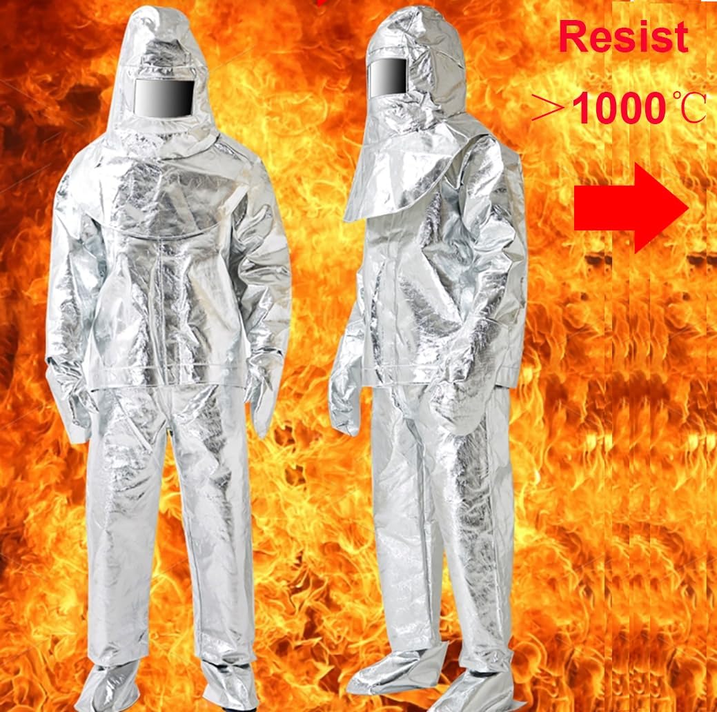 Traje resistente al fuego, radiación térmica, 1000 grados, resistente al calor, aluminizado, ropa ignífuga, incluye 1 abrigo, 1 pantalón, 1 casco, 1