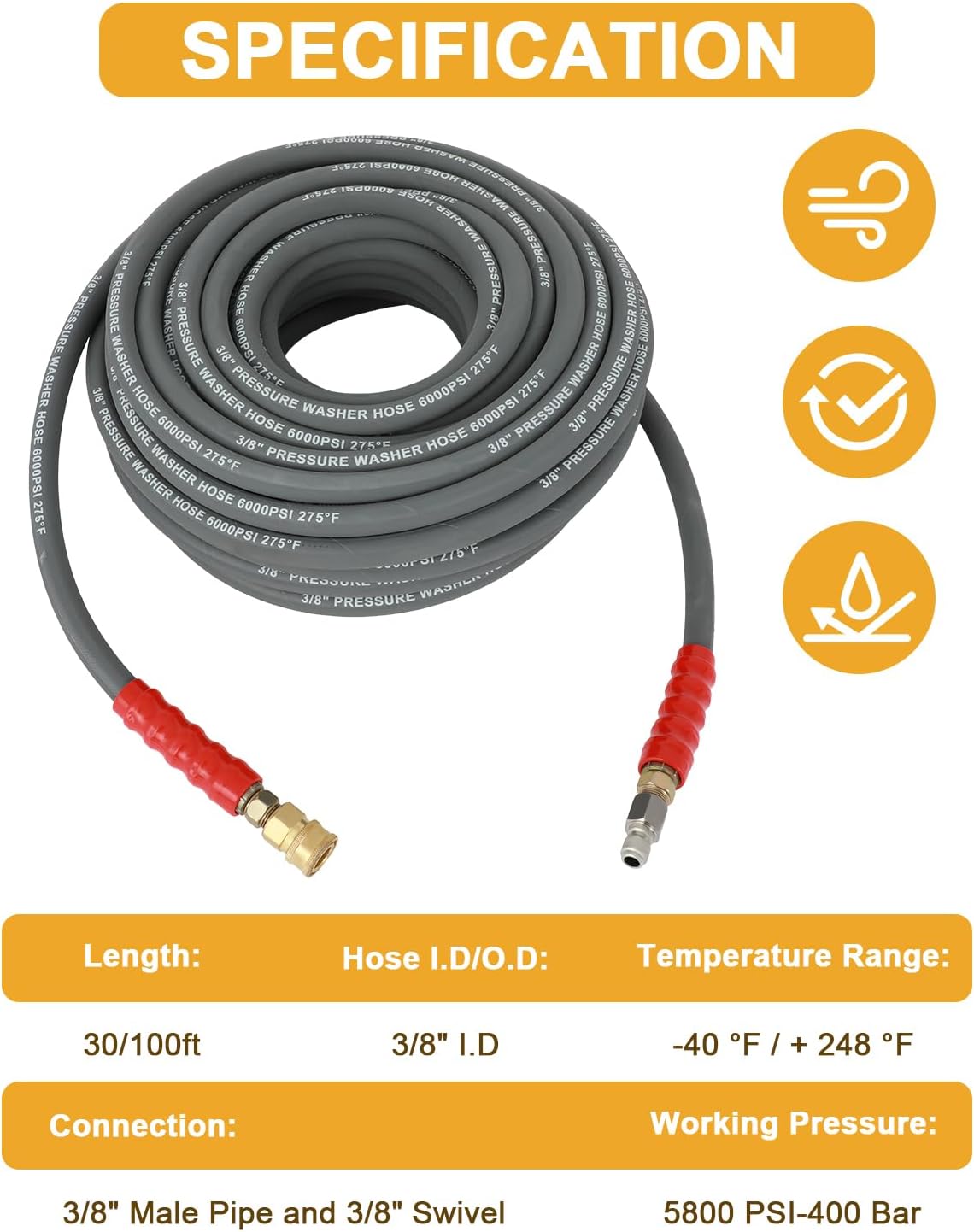 OCPTY Manguera de lavado a presión de agua caliente 38 “x 100 pies 6000 psi sin marcas 2 trenzas R2 gris