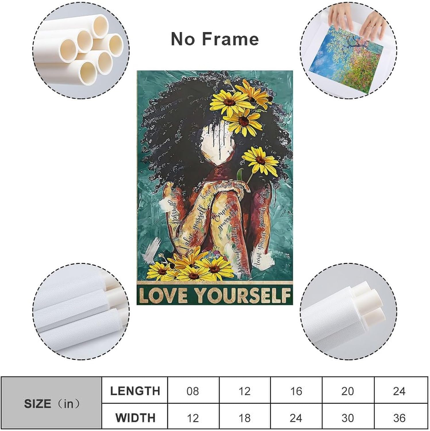 DAXXIN Póster de Love Yourself Value Your Self Black Girl with Girasol, arte de chica afro, mujeres negras, S lienzo para decoración de pared, para