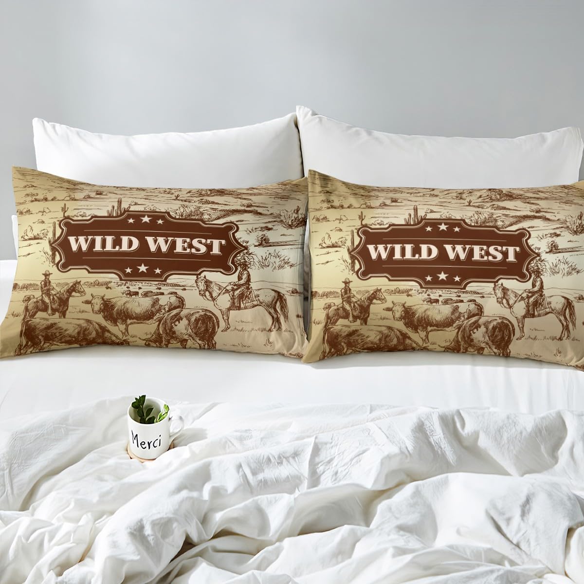 Wild West – Funda de edredón tamaño matrimonial, juego de ropa de cama de vaquero para niños, funda de edredón dibujada a mano con vacas de montaña