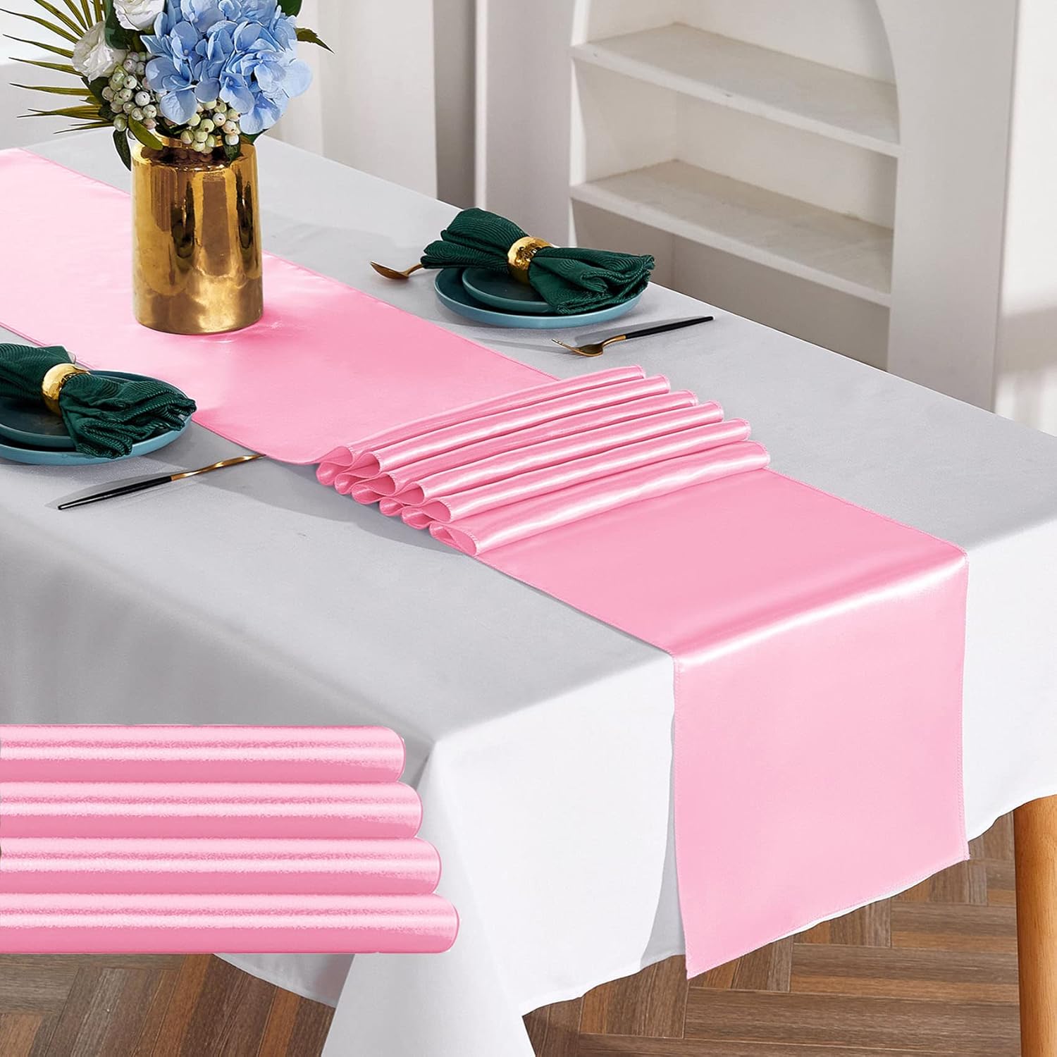 YUHX Paquete de 5 caminos de mesa de satén de 12 x 108 pulgadas de largo, color azul para bodas, fiestas de cumpleaños, decoraciones de banquetes