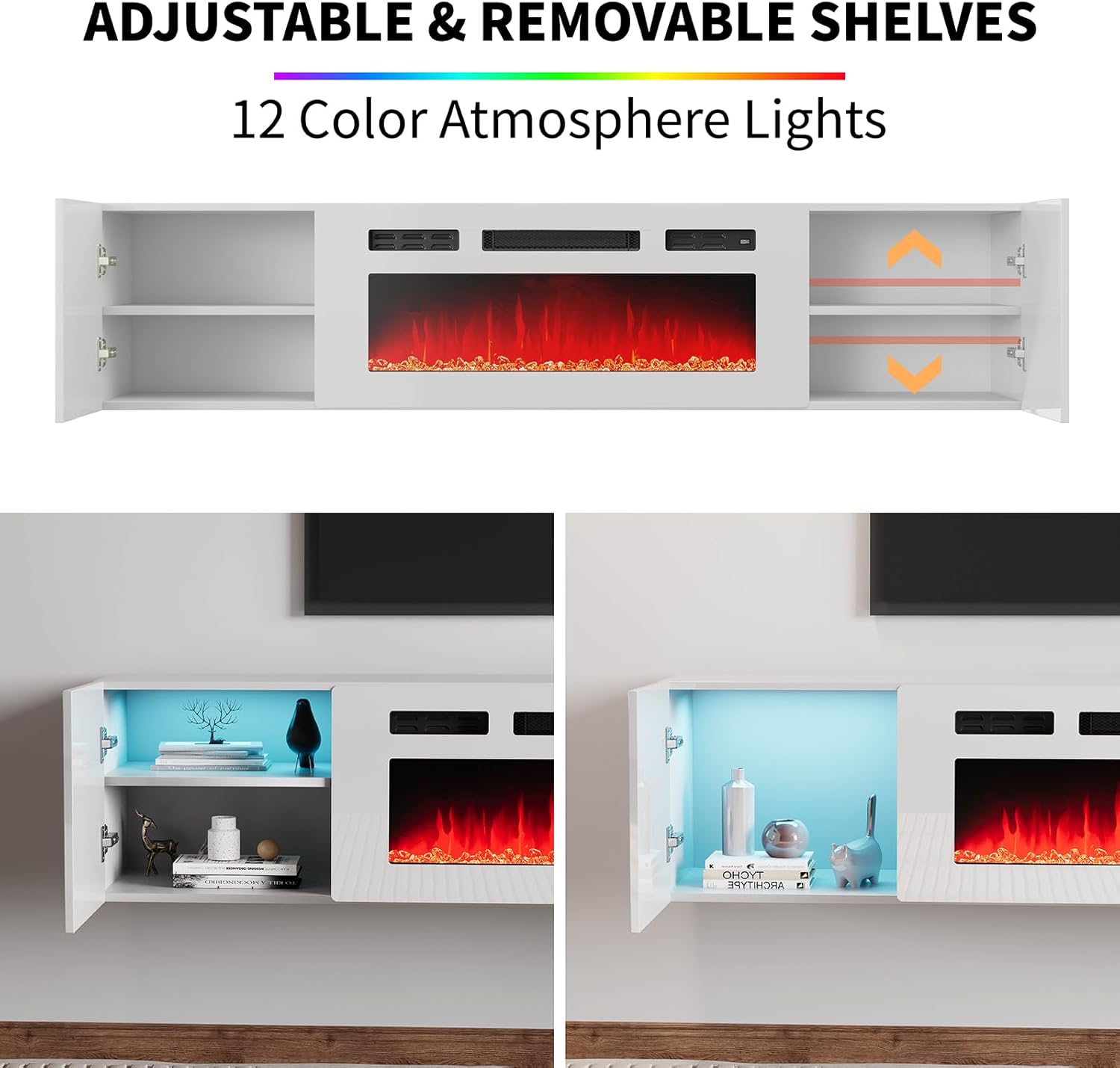 AMERLIFE Soporte de TV flotante con chimenea eléctrica de 36 pulgadas, acabado brillante, centro de entretenimiento con chimenea con almacenamiento