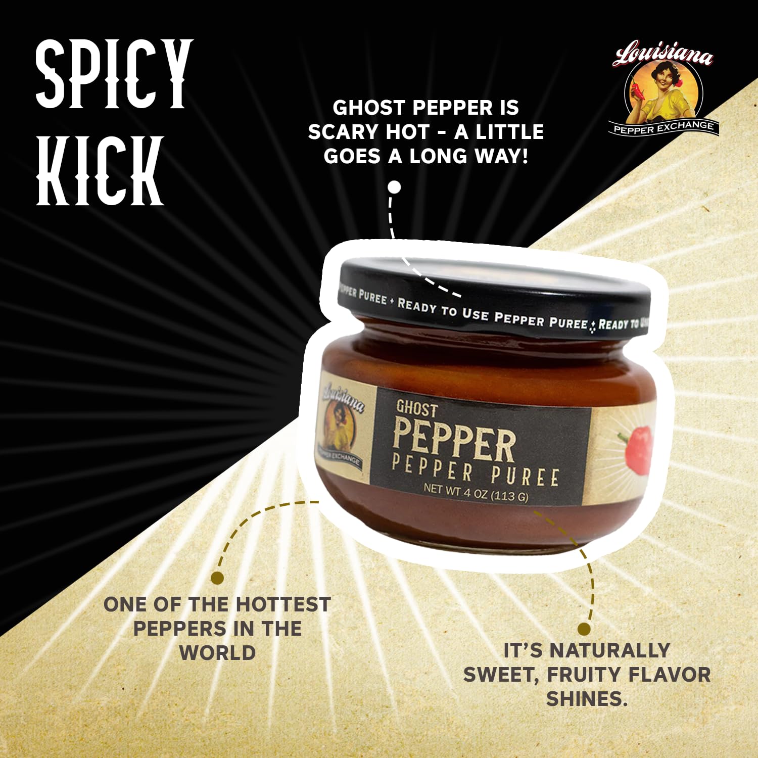 Louisiana Pepper Exchange Salsa de puré de pimiento fantasma, condimento picante de chile súper picante, a base de plantas, sin gluten, reemplaza el