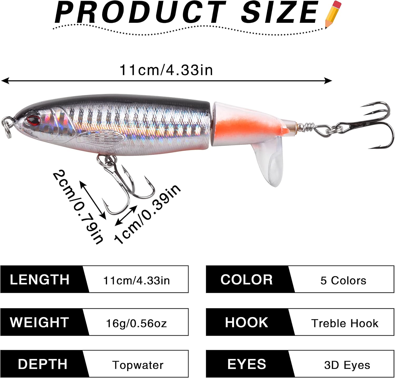 Topwater – Señuelo de pesca de lubina, 5 señuelos de pesca Plopper, minnow con cola giratoria flotante, kit de señuelos para agua dulce y salada,